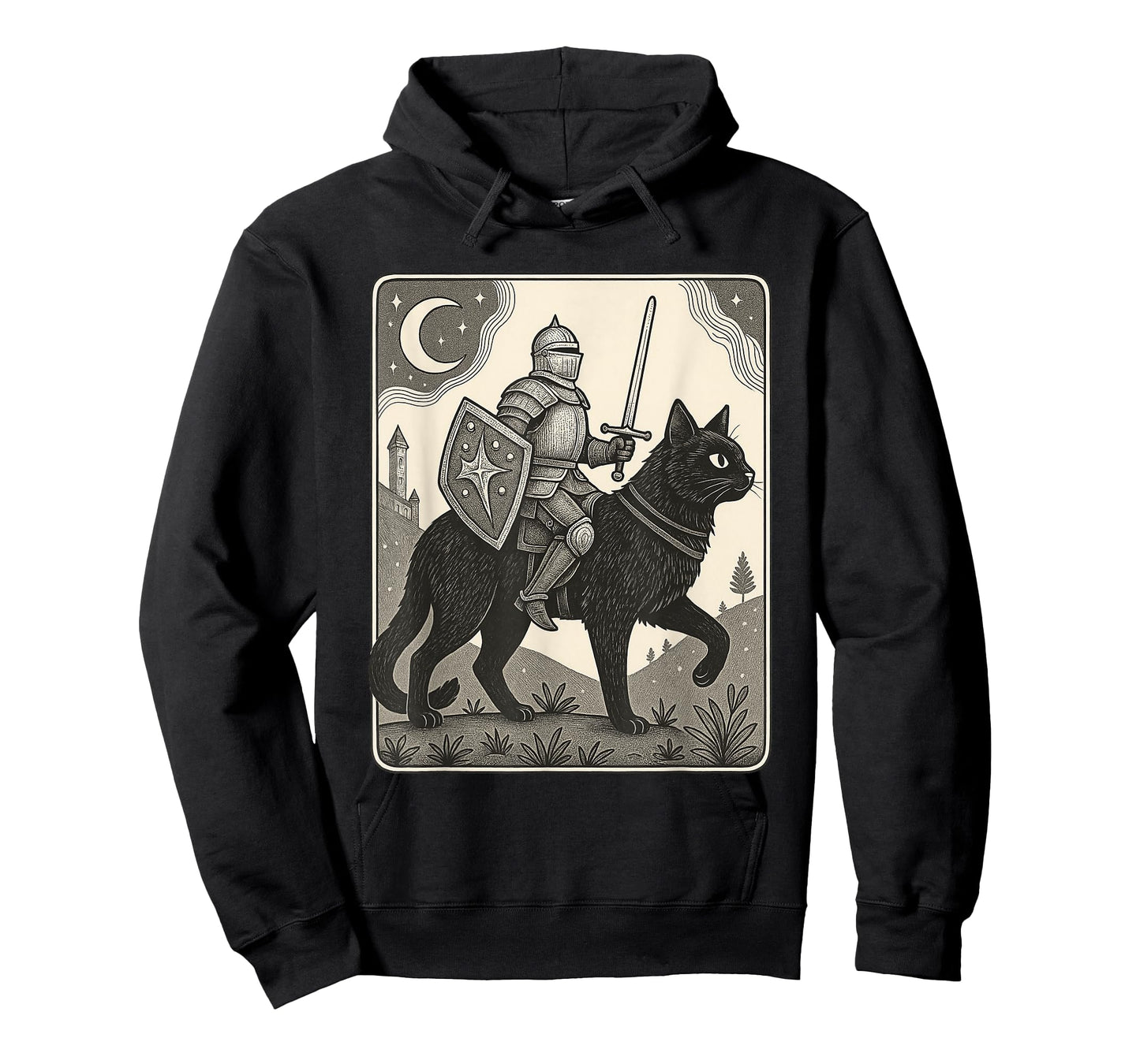 Knight Riding Black Cat Medieval Fantasy Funny Graphic T-Shirt