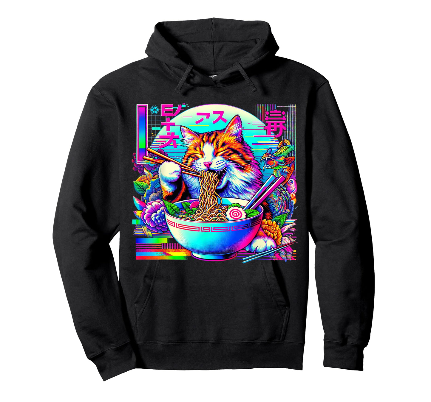 Vaporwave Japanese Glitch Art Cat Eating Ramen T-Shirt