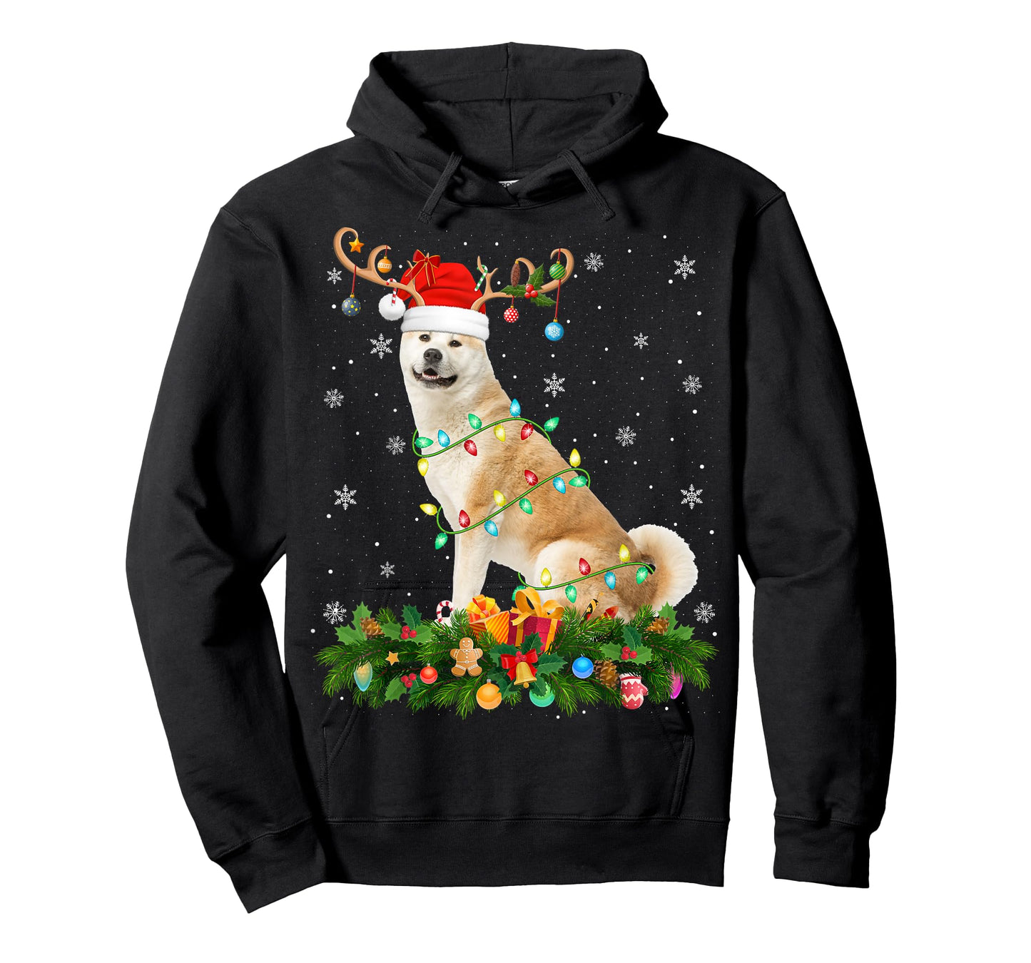 Akita Inu Christmas Lights Reindeer Santa Hat Dog Xmas T-Shirt