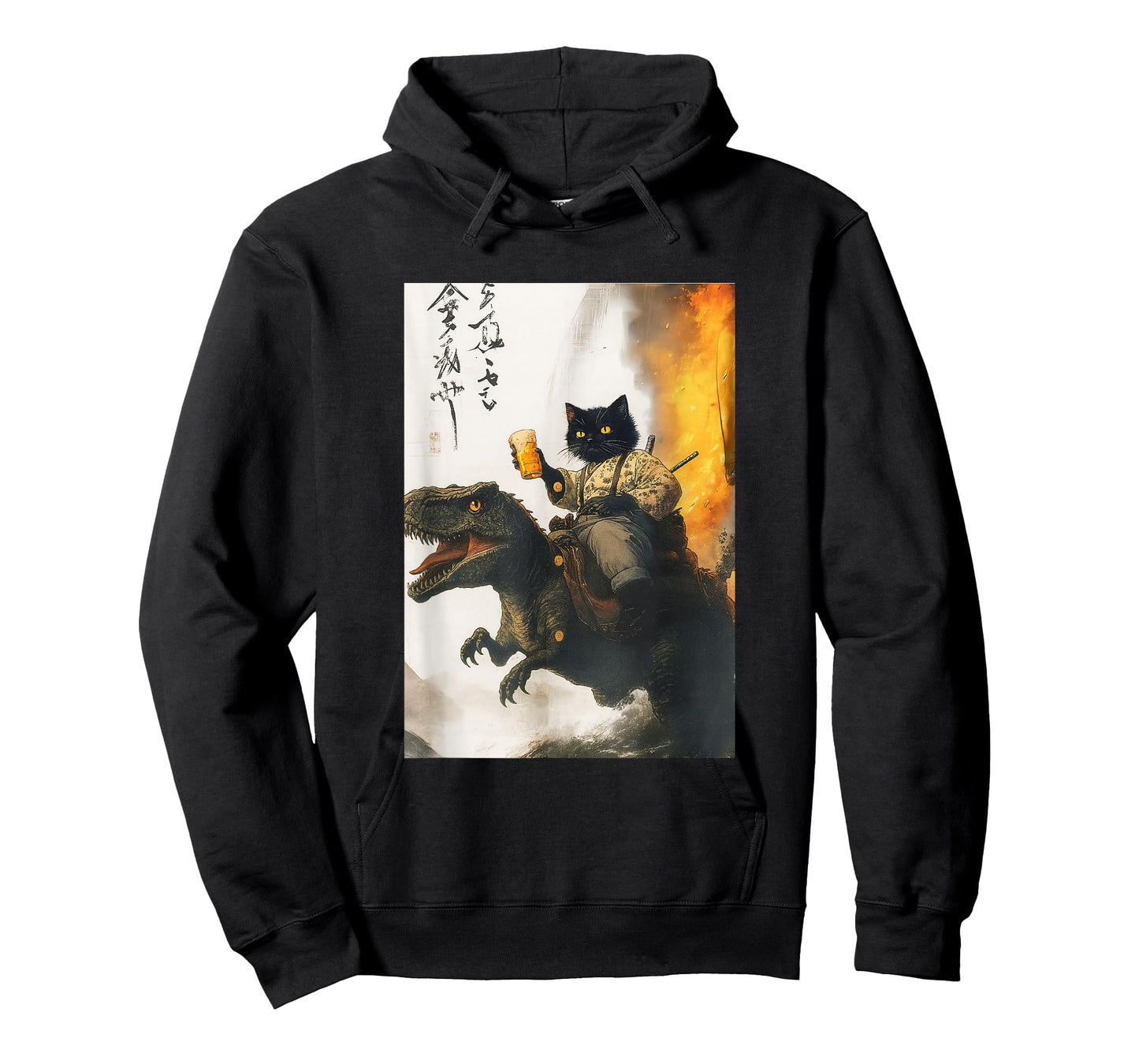 Samurai cat riding dinosaur with beer absurd warrior vibes T-Shirt