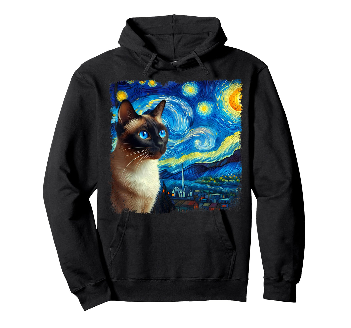 Funny Cute Siamese Cat Starry Night Van Gogh Painting T-Shirt