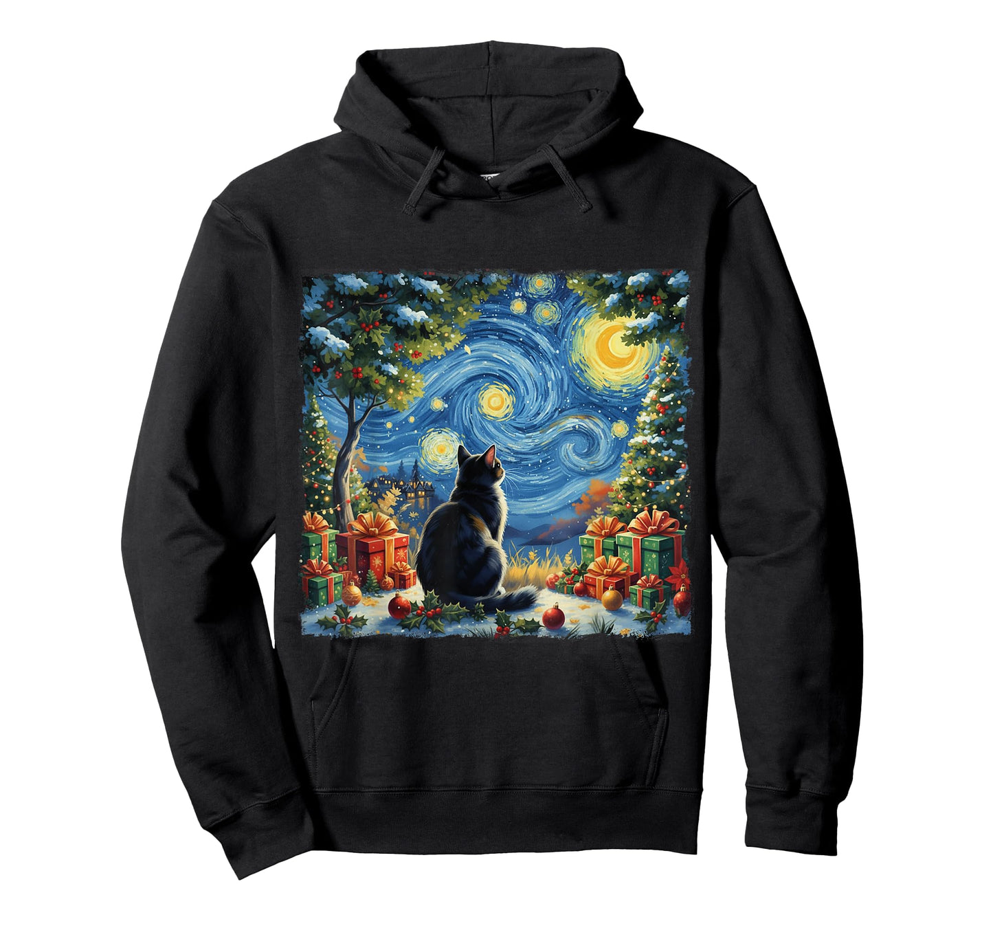 Christmas Cat Starry Night Van Gogh Santa Winter Gift Art T-Shirt