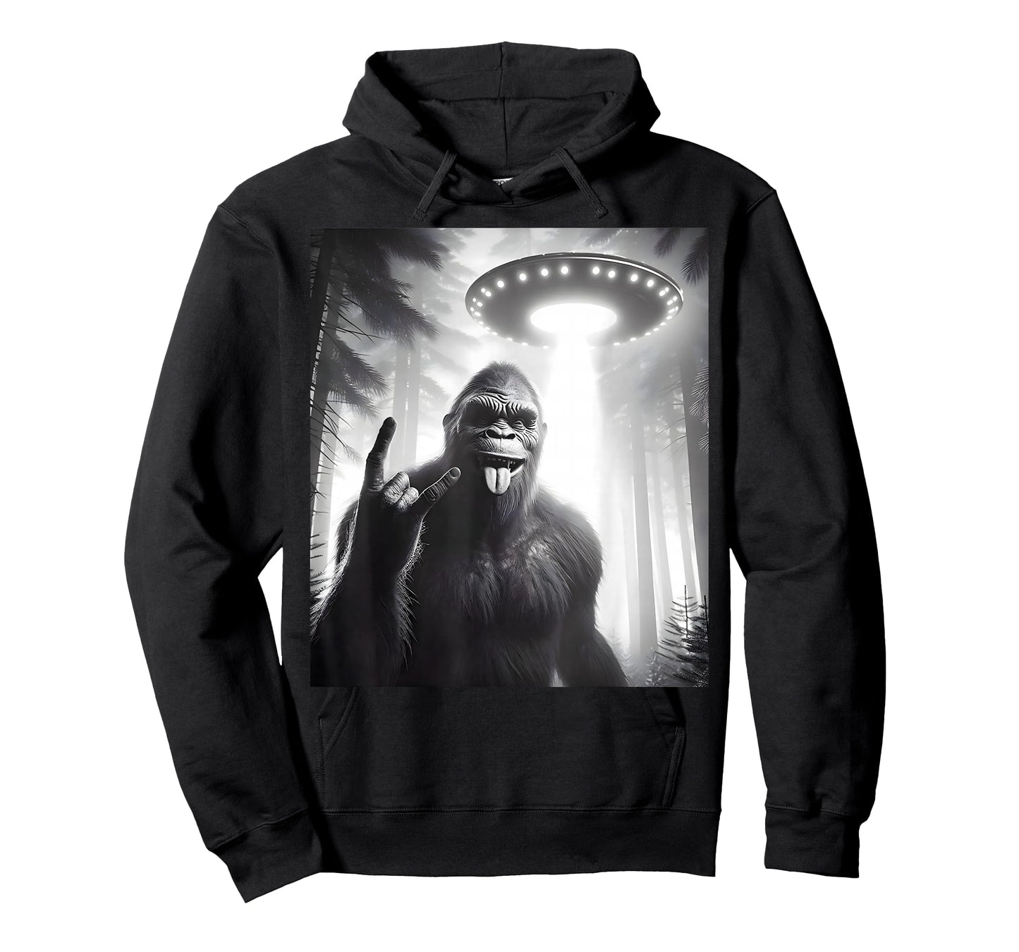 Funny Sasquatch Bigfoot Selfie with UFO Alien Rock Sign T-Shirt