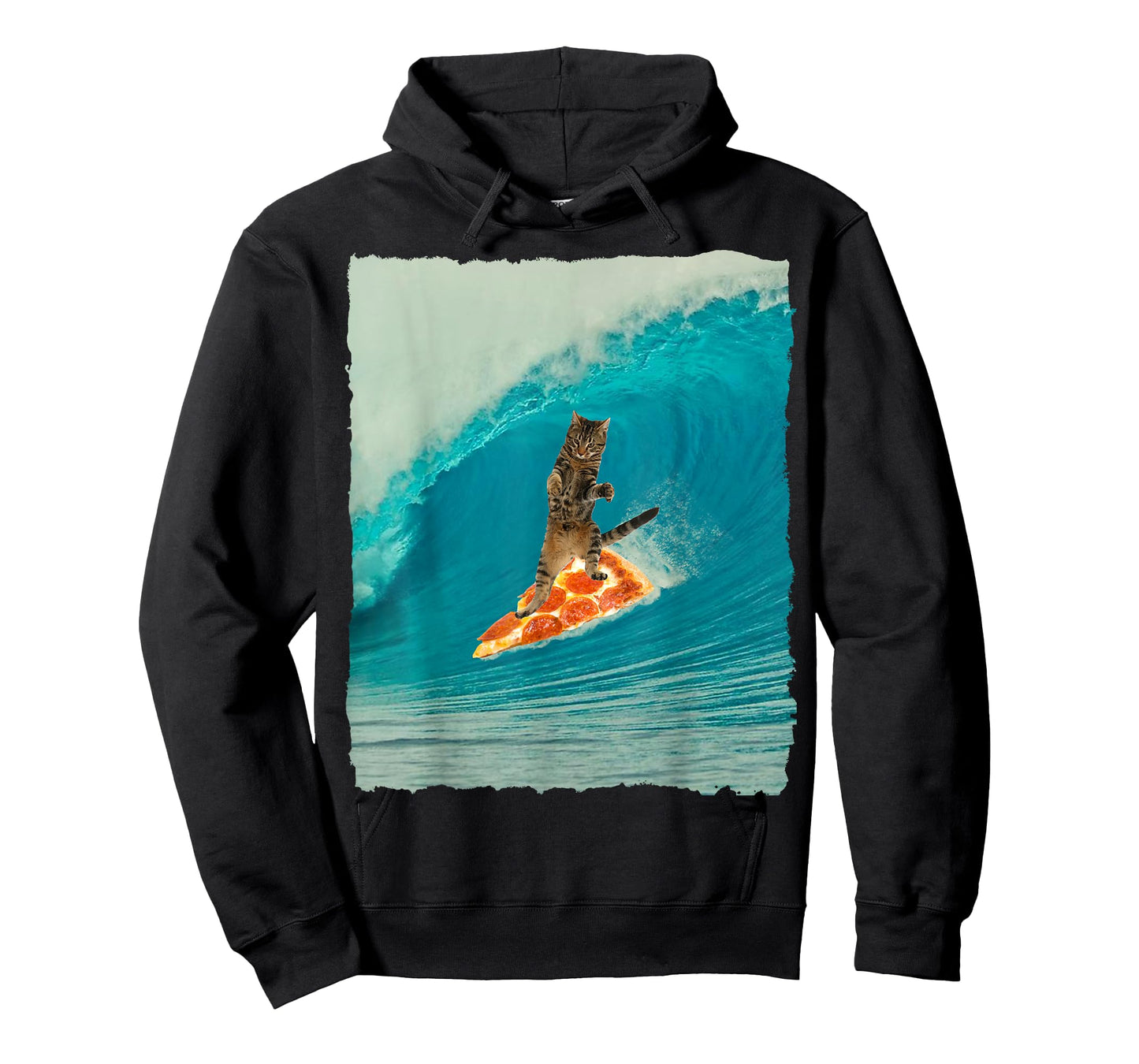 Surf Cat Shirt Kitty Riding a Wave with a Pizza Surf Board T Men Women Girls Kids T-Shirt