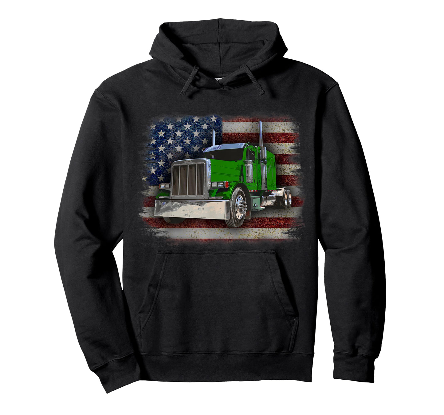 American Flag and Green Big Rig Patriotic Trucker T-Shirt
