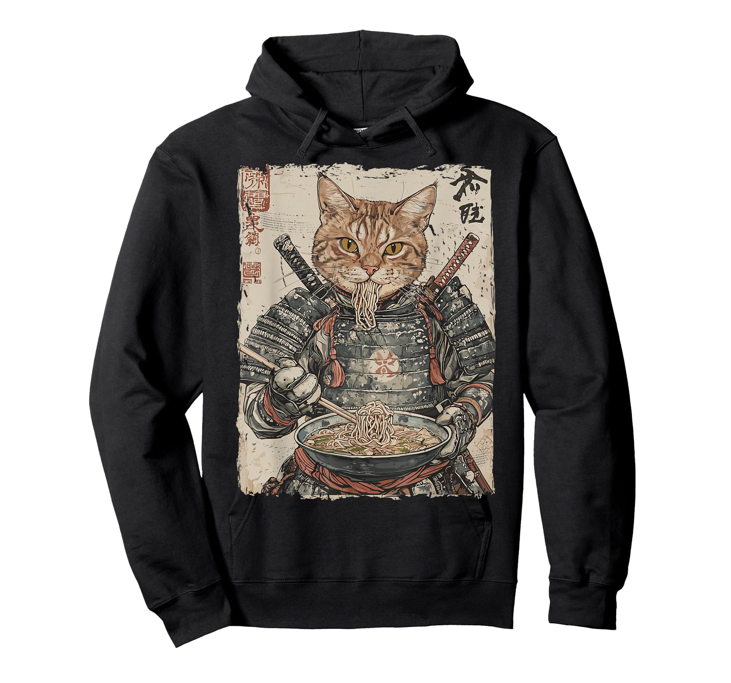 Samurai Cat Loves Ramen Funny Anime Japanese Artwork Samurai T-Shirt