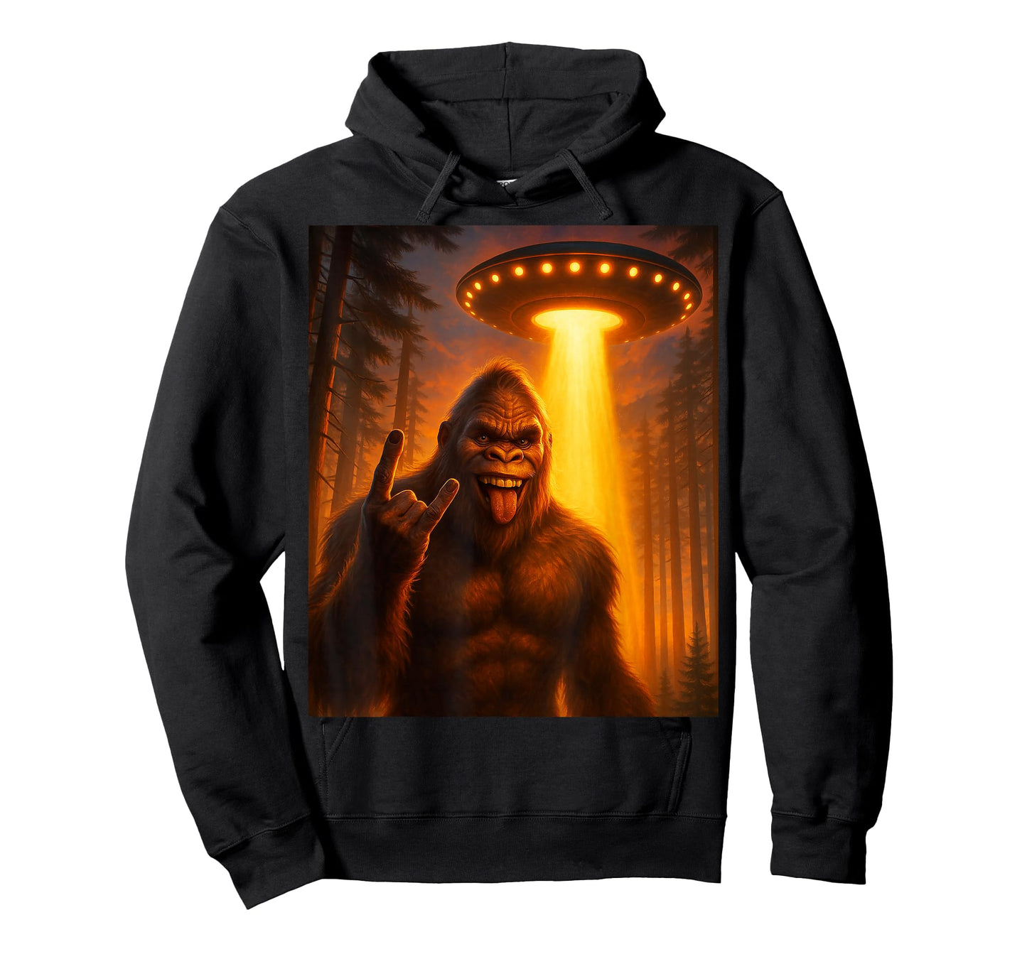 Sasquatch Bigfoot Selfie with UFO Alien Rock On Gift Graphic T-Shirt