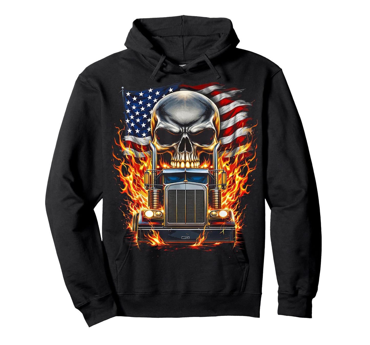Trucker Patriotic American Flag Semi Truck Driver Skull T-Shirt