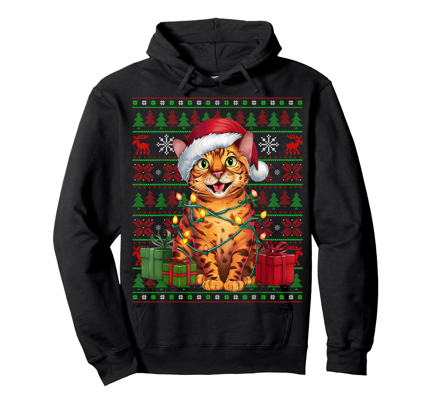 Bengal Cat Xmas Lights Ugly Santa Hat Bengal Cat Christmas Men Women Kids T-Shirt