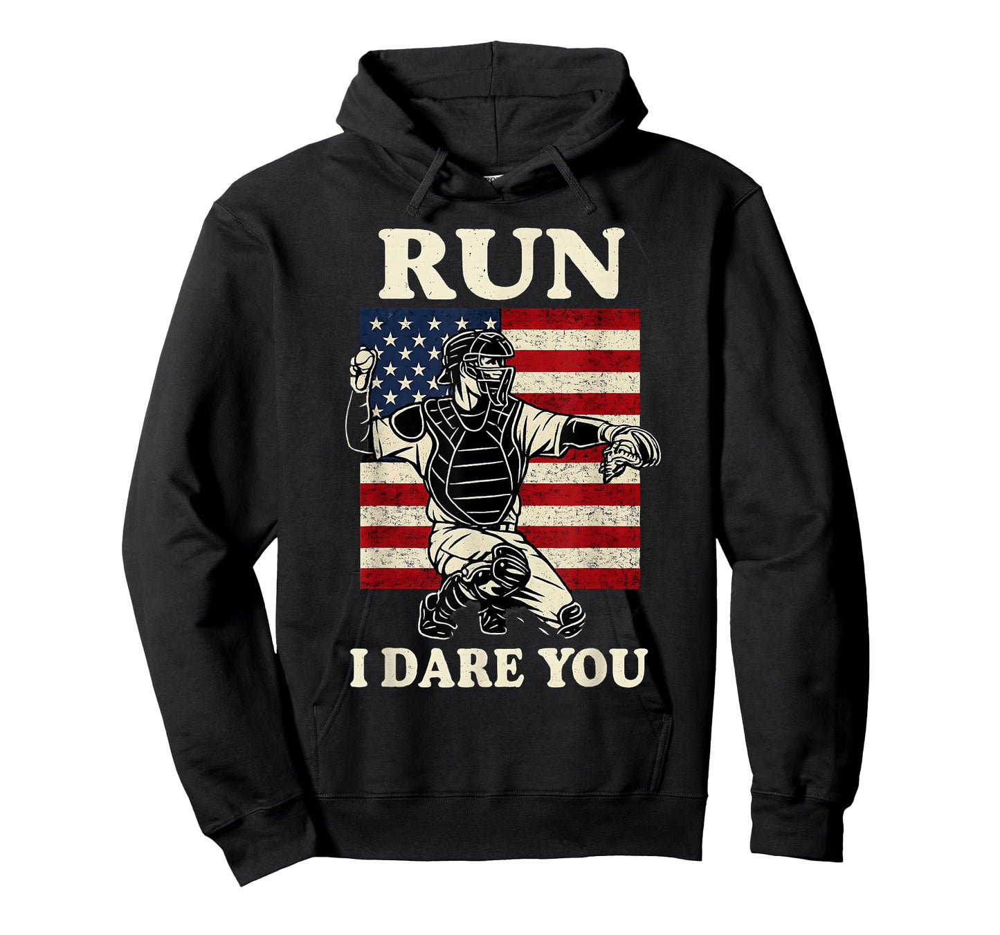 Vintage Run Steal I Dare You Baseball Fans Catcher USA Flag T-Shirt