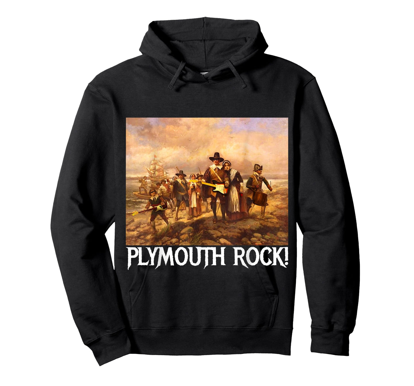 Plymouth Rock! Thanksgiving Pilgrims Rocking Guitars & Drum T-Shirt