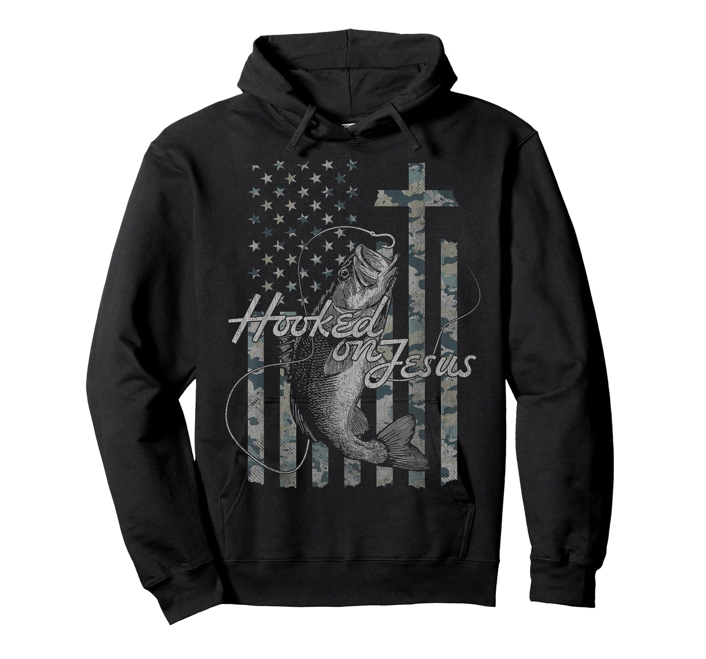 Hooked on Jesus Christian American Flag Fishing T-Shirt