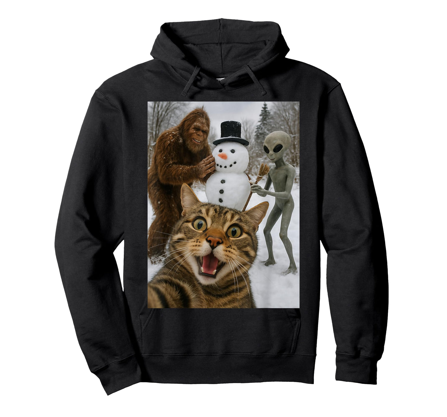 Funny Christmas Cat Selfie with Bigfoot Alien & Snowman T-Shirt