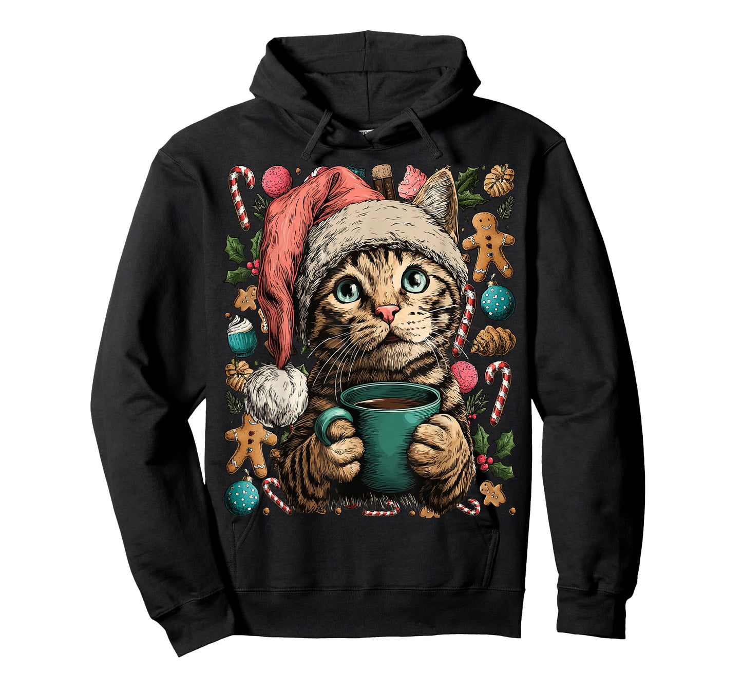 Christmas Tabby Cat with Santa Hat Cocoa Cookies Kitten T-Shirt