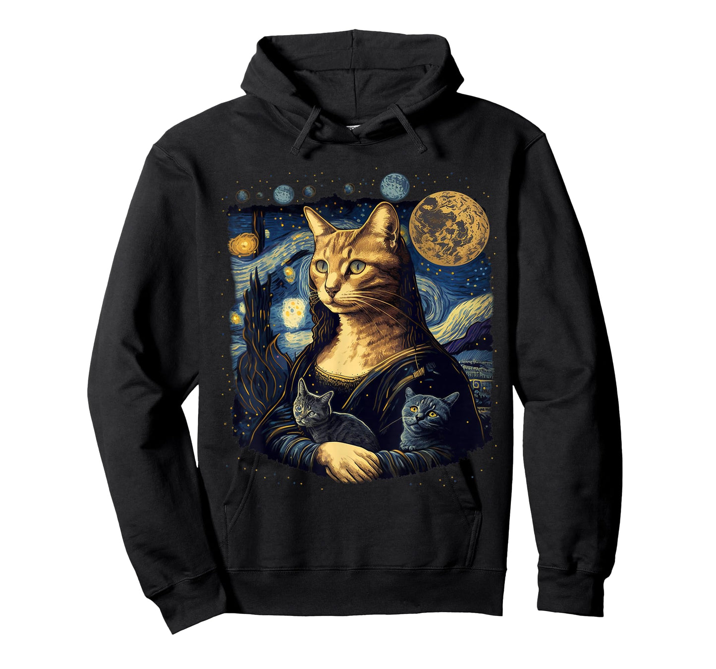 Cat Mona Lisa With Cats Starry Night Van Gogh Funny Art T-Shirt