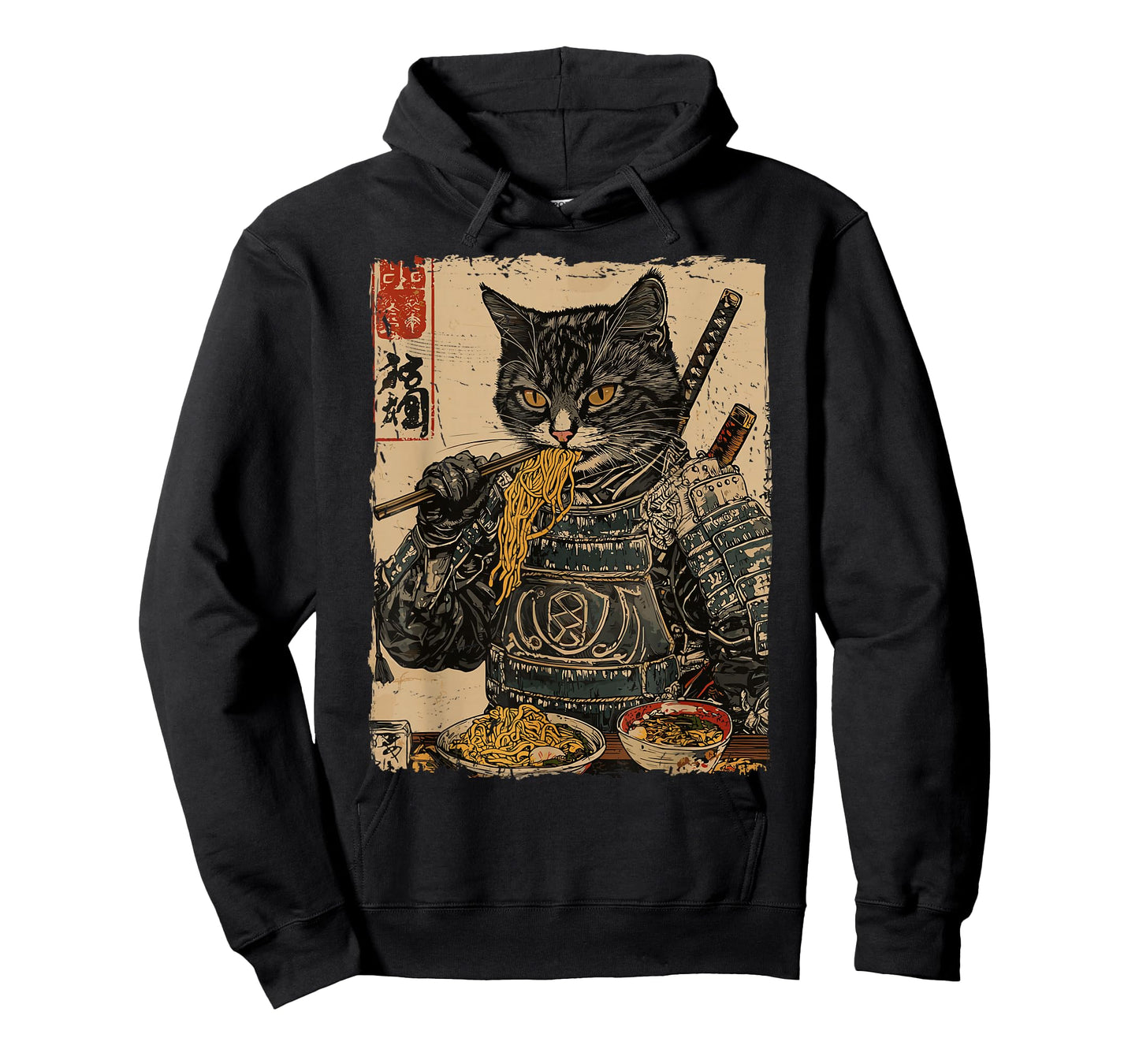 Samurai Cat Loves Ramen Funny Anime Japanese Artwork Samurai T-Shirt