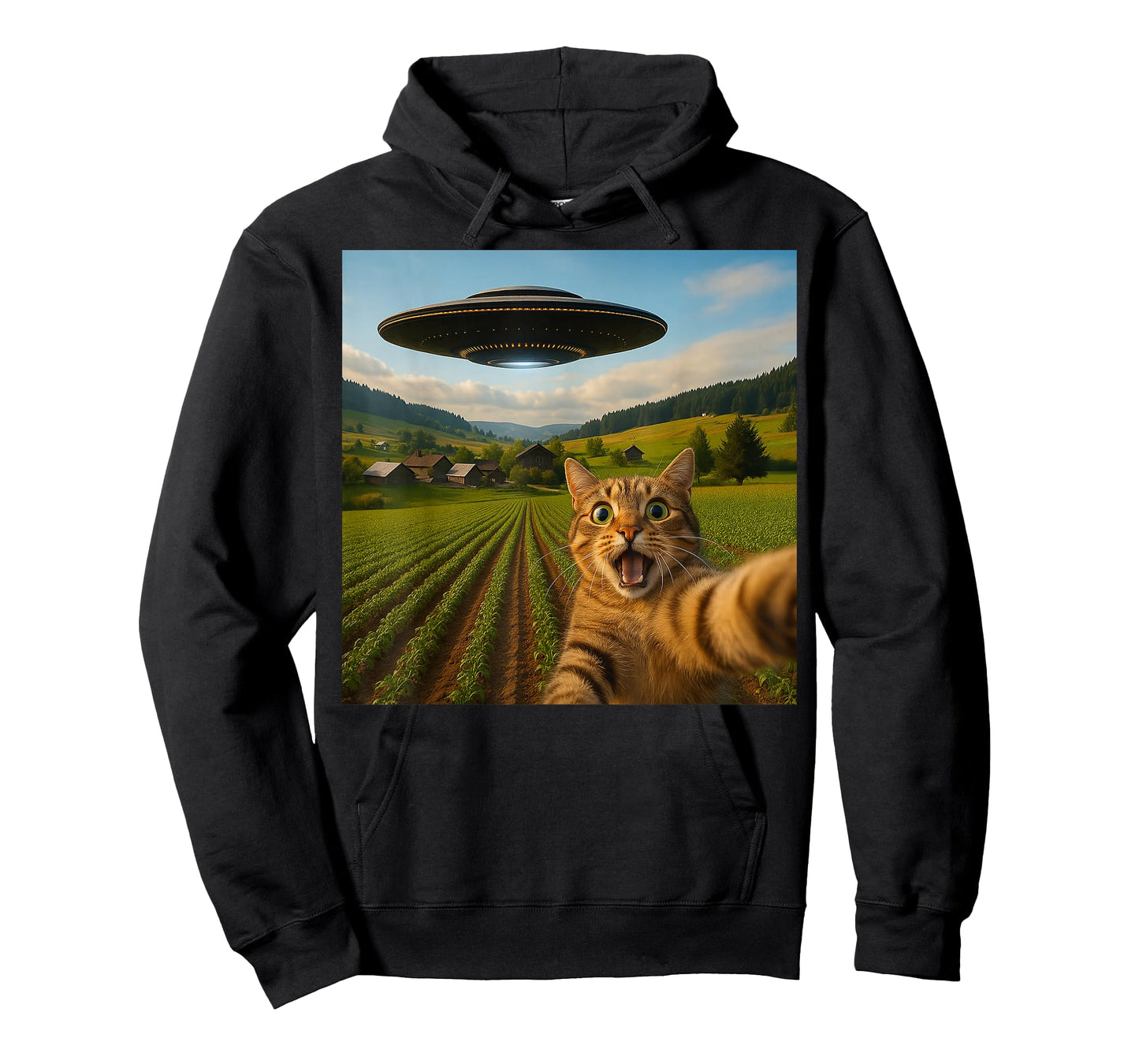 Funny Cat Selfie with Alien UFO for Men Women Kid T-Shirt