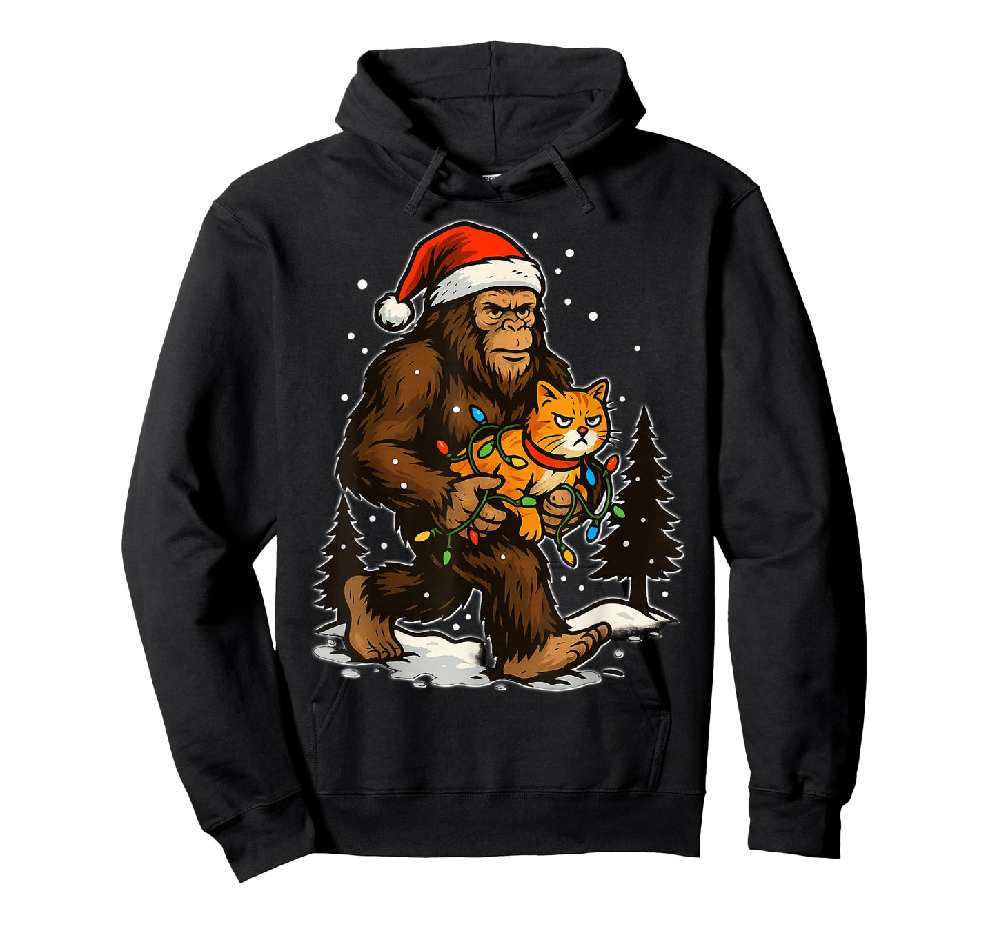 Christmas Bigfoot with Cat and Lights Santa Hat Funny Xmas T-Shirt