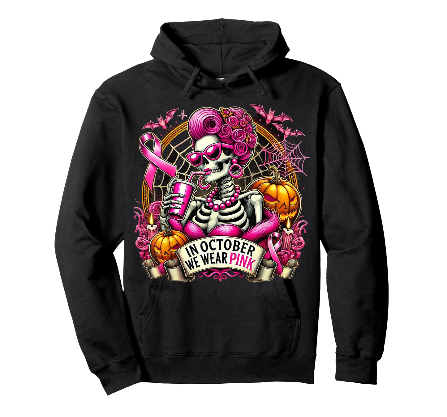 In October We Wear Pink Skull Messy Bun Glasses Halloween T-Shirt