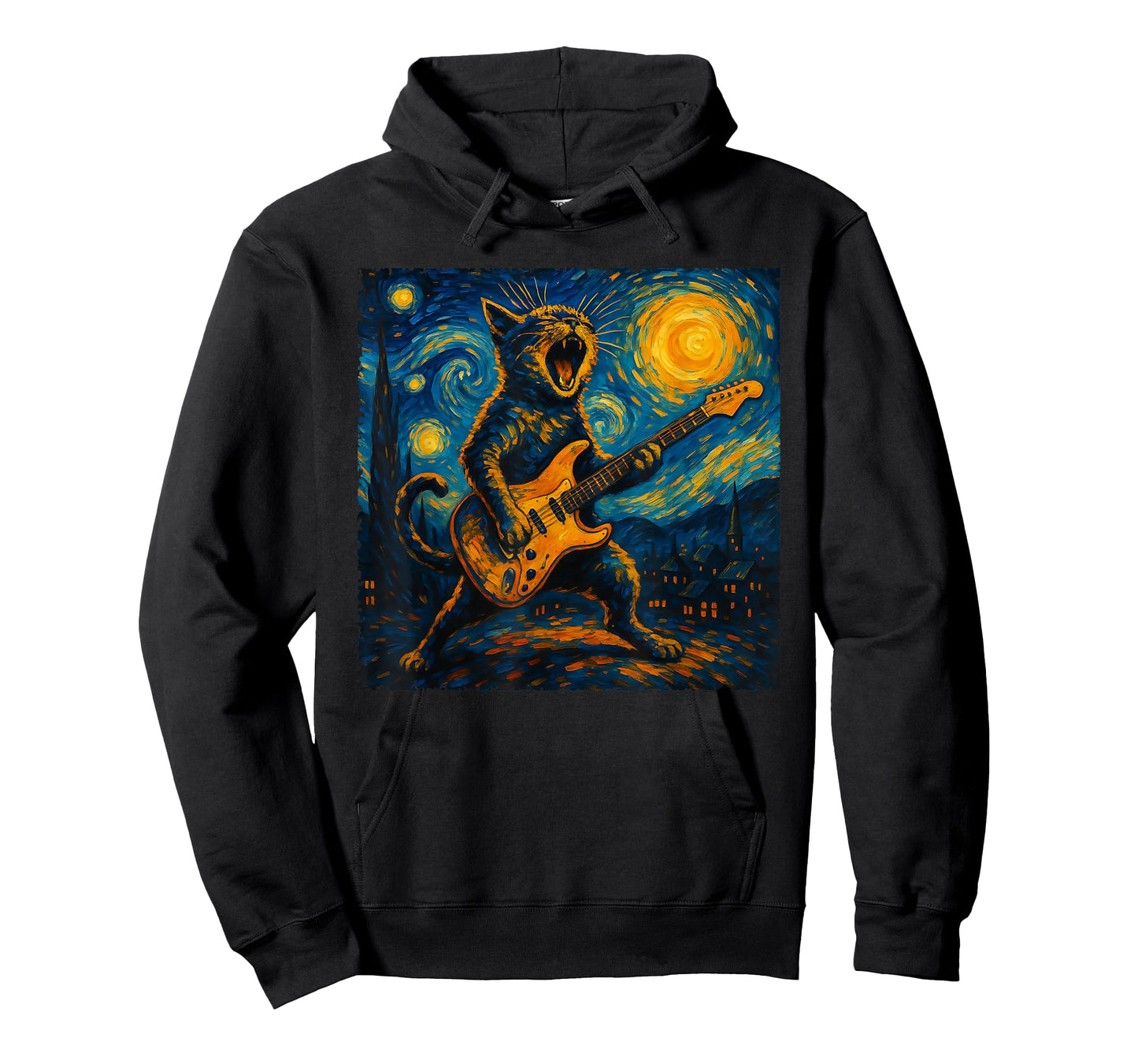Funny Cat Playing Guitar Starry Night Van Gogh Rock and Roll T-Shirt