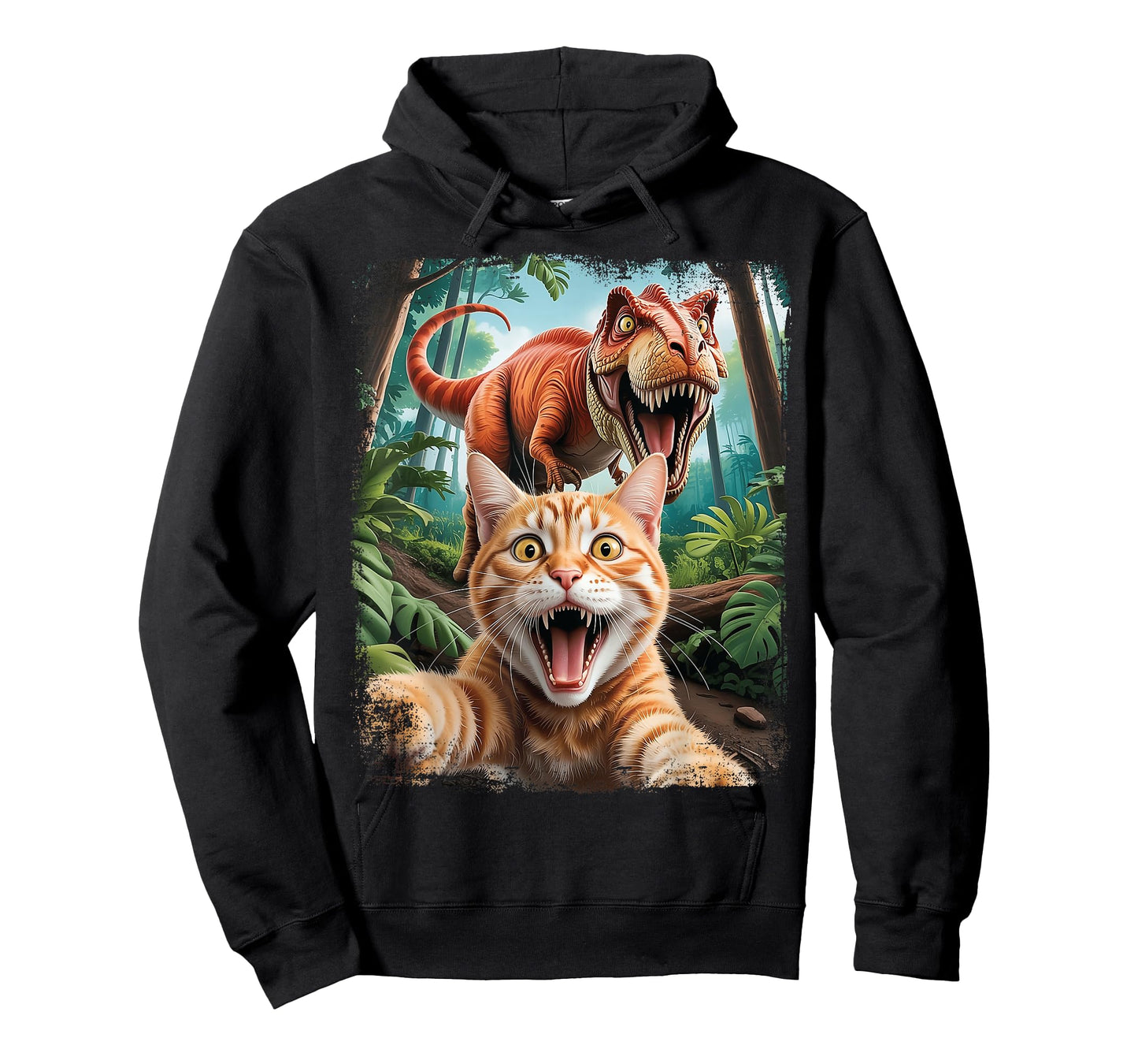 Funny Cat Selfie with Trex Dinosaur Scared T-Shirt