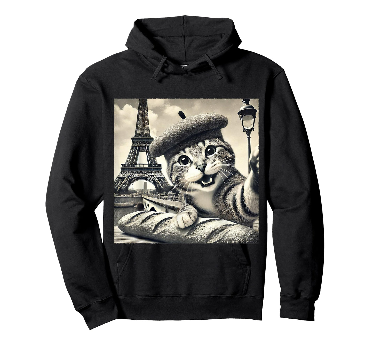 Paris Cat in Beret with Baguette Funny Eiffel Tower T-Shirt