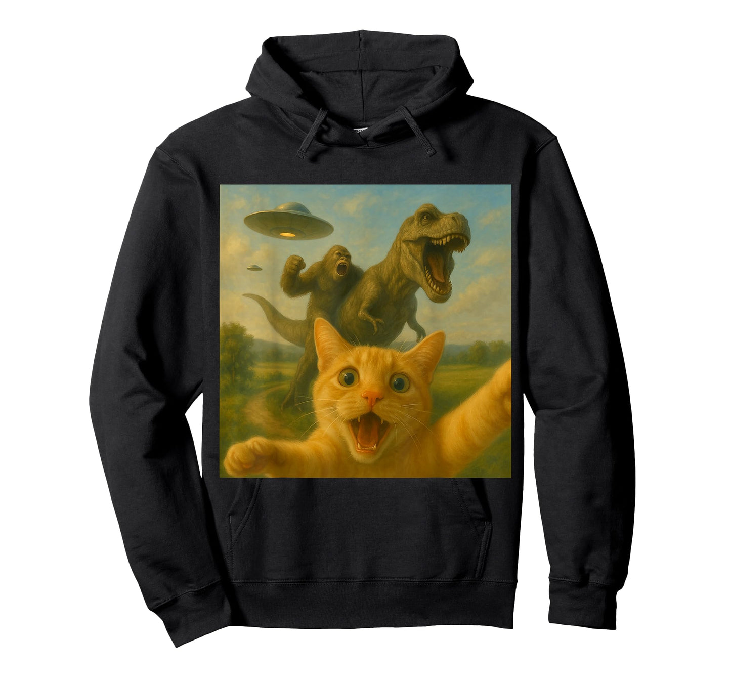 Funny Surprised Scared Cat Selfie T-Rex Dinosaur Bigfoot UFO T-Shirt