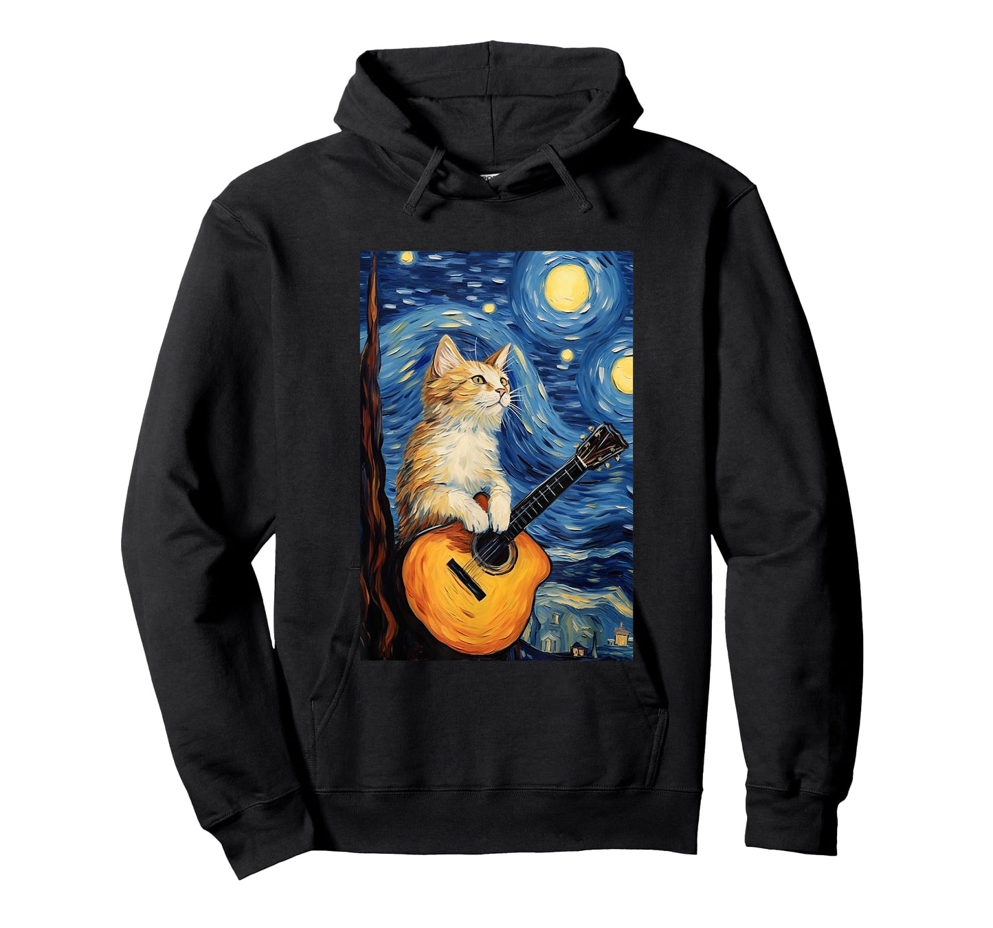 Cat Playing Guitar - Van Gogh Style - Starry Night T-Shirt