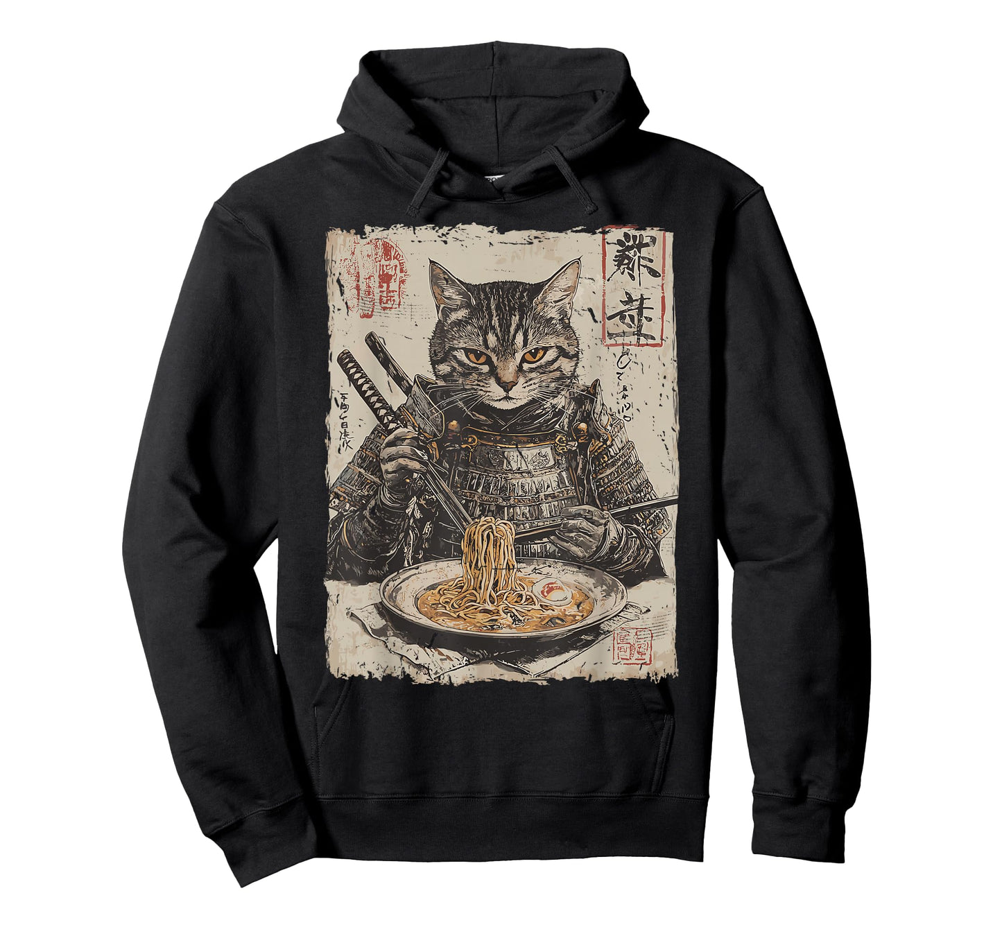 Samurai Cat Loves Ramen Funny Anime Japanese Artwork Samurai T-Shirt
