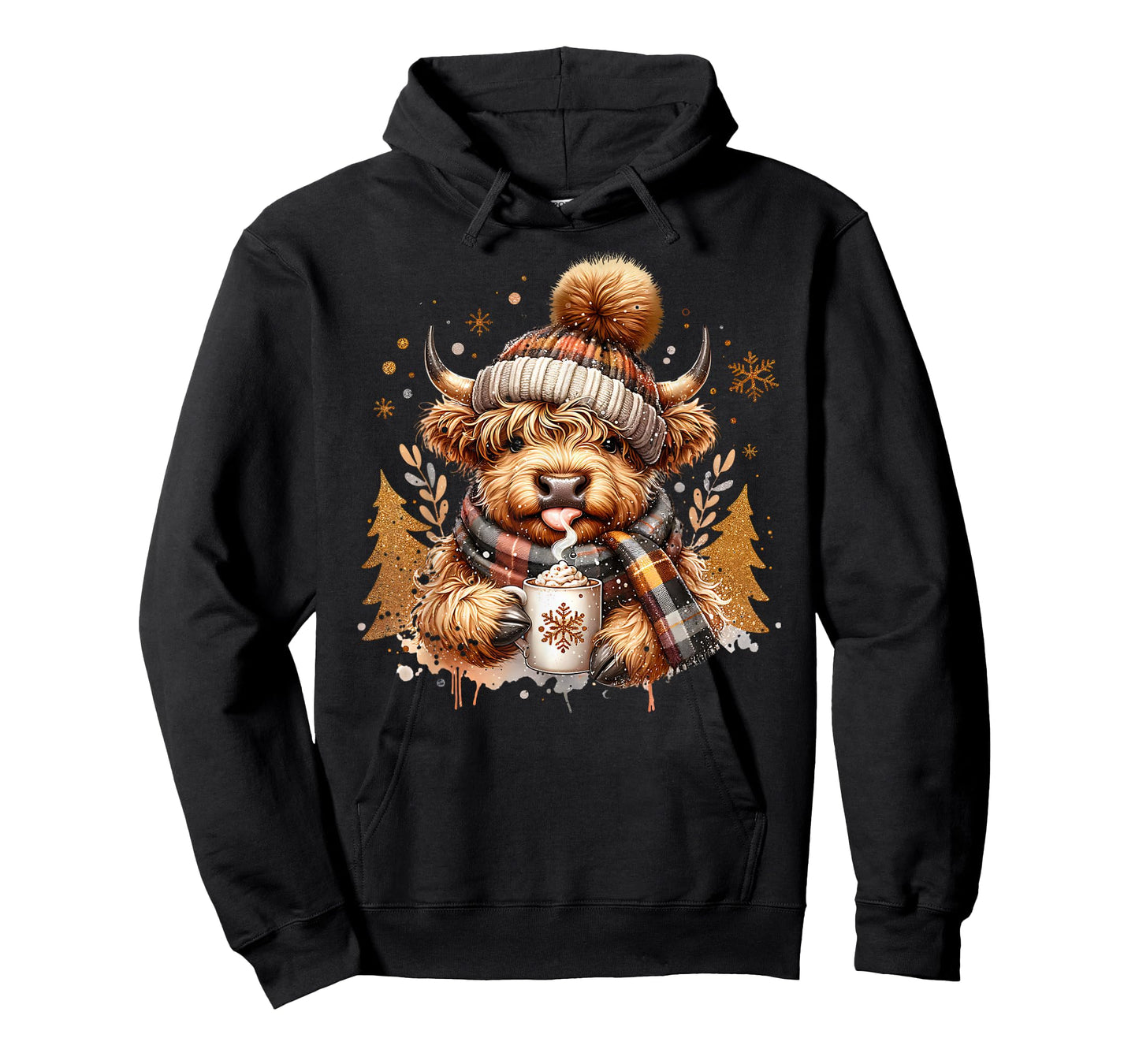 Cute Highland Cow Drinking Coffee Latte Winter Christmas T-Shirt