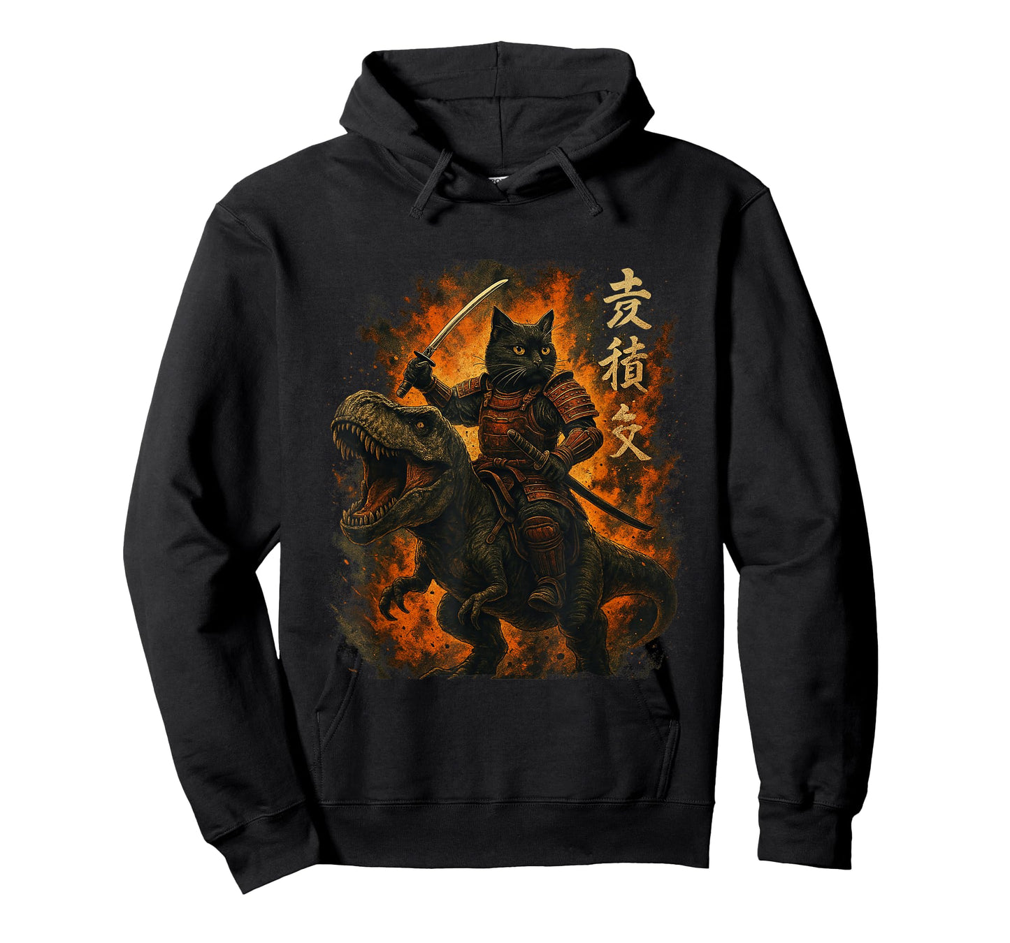 Samurai Cat Riding Dinosaur Japanese Black Cat Kanji T-Shirt