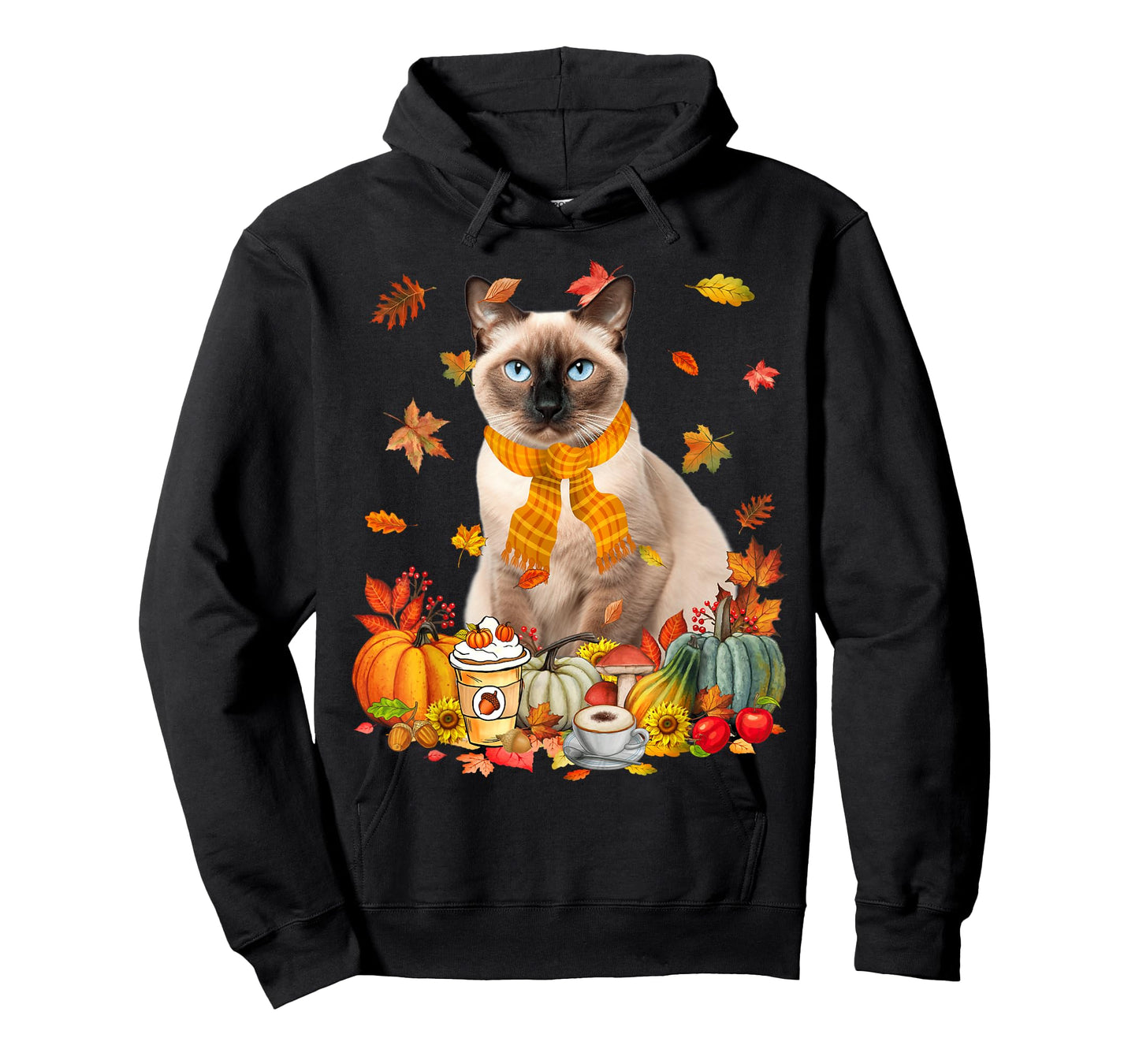 Cup Of Coffe & Siamese Cat Pumpkins Fall Vibes Thanksgiving T-Shirt