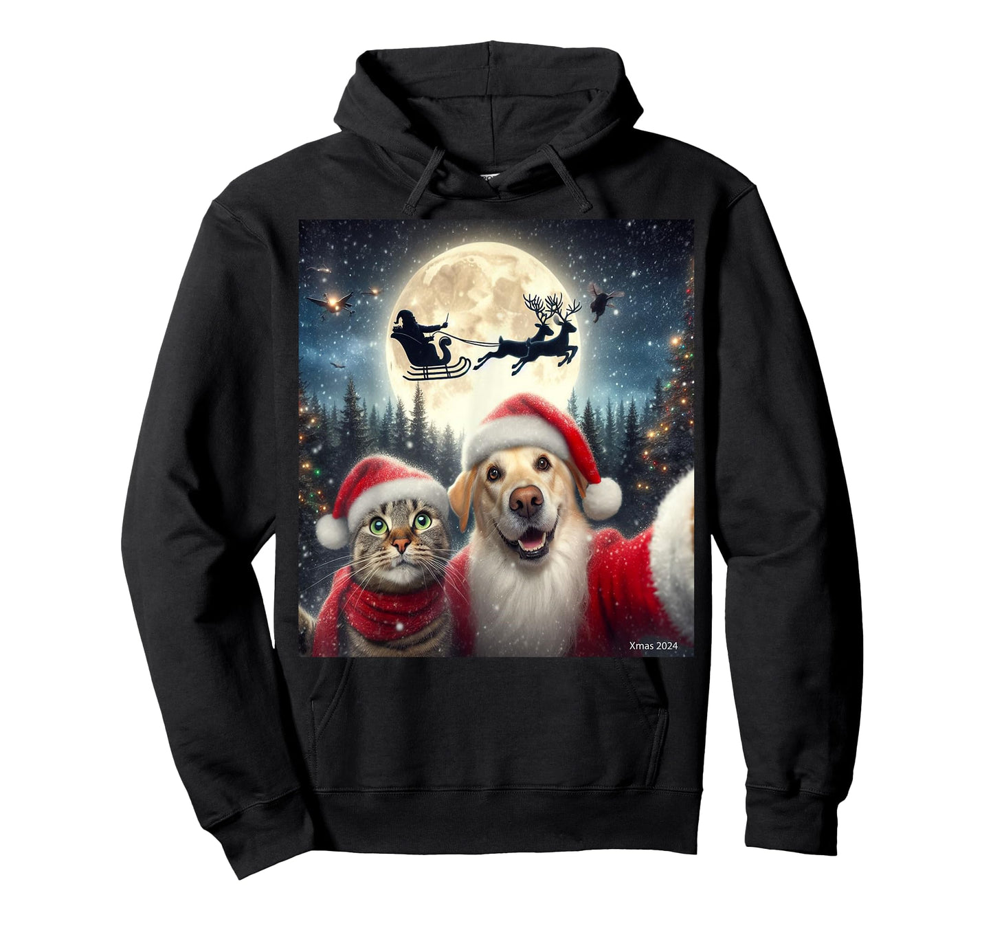 Funny cat and dog selfie with Santa Claus Christmas xmas eve T-Shirt for Men Women Kids
