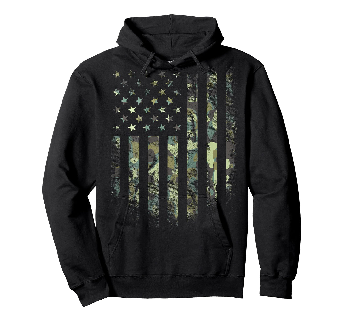 (Art on Back) American Flag Green Camo Camouflage T-Shirt