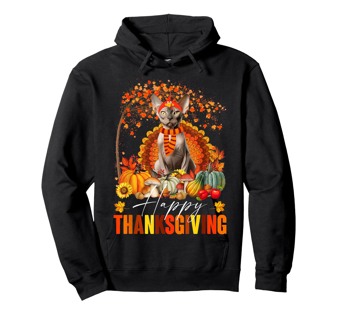 Funny Sphynx Cat In Turkey Costume Happy Thanksgiving Day T-Shirt