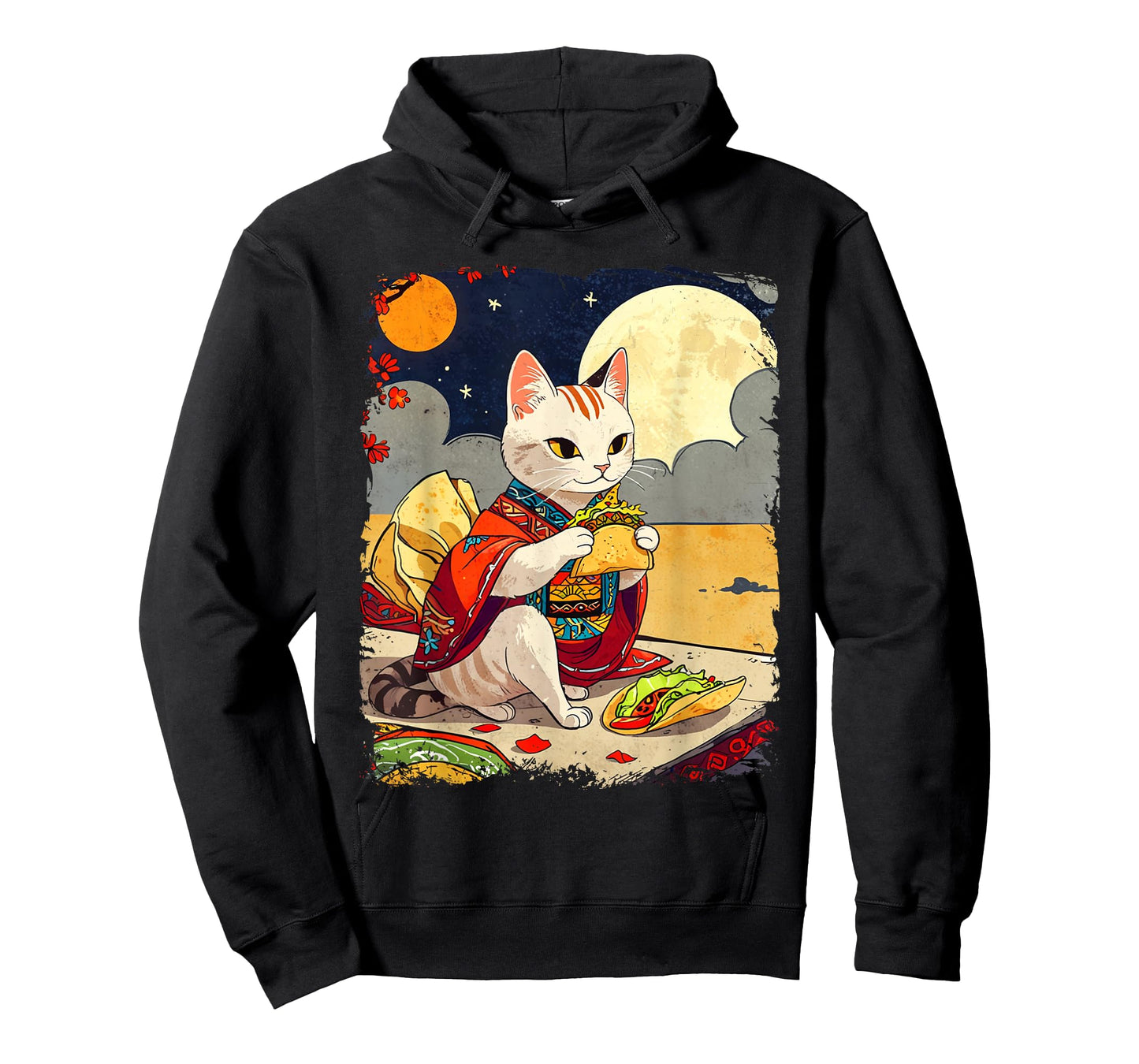 Cat Eating Tacos Funny Taco Cat Ukiyo-e Art Mexican Cat T-Shirt