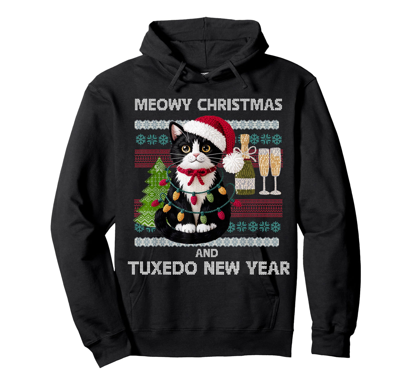 Meowy Christmas Funny Tuxedo Cat Santa Hat Ugly Sweater T-Shirt