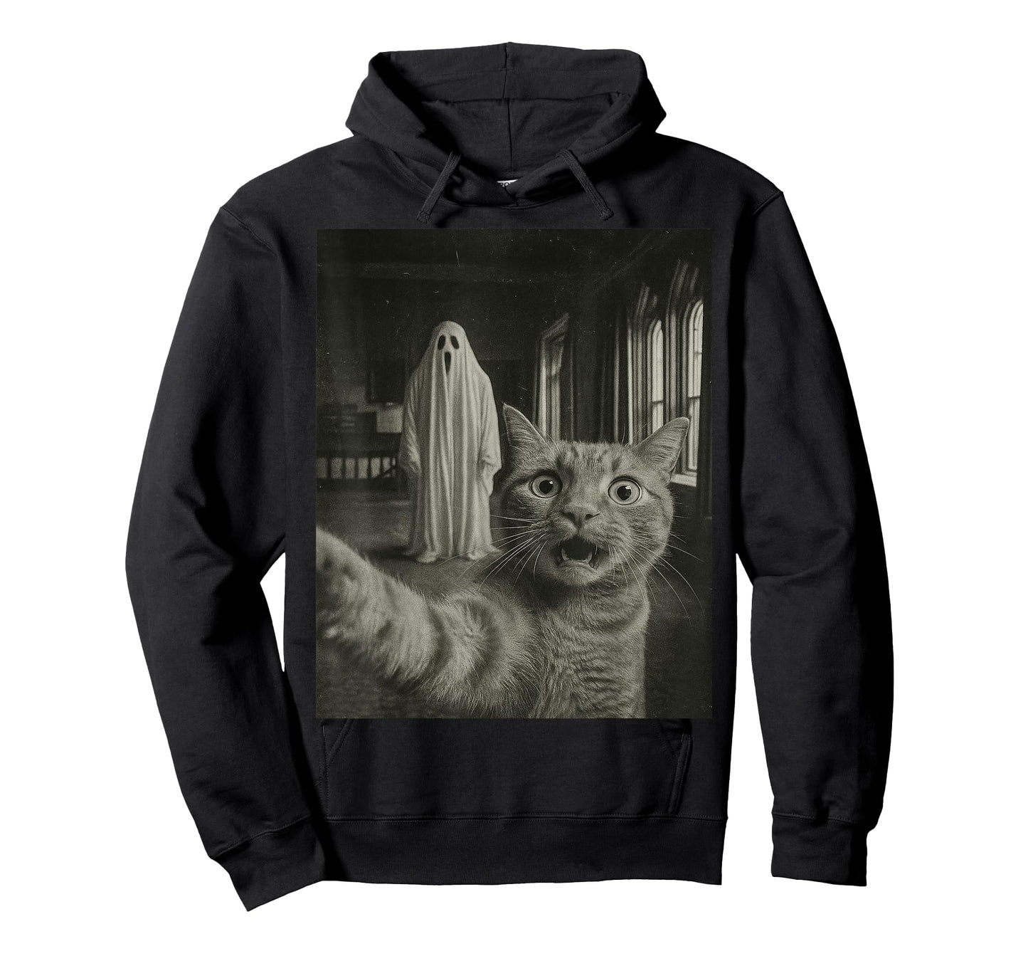 Haunted House Ghost Vintage Photo Funny Tabby Cat Halloween T-Shirt