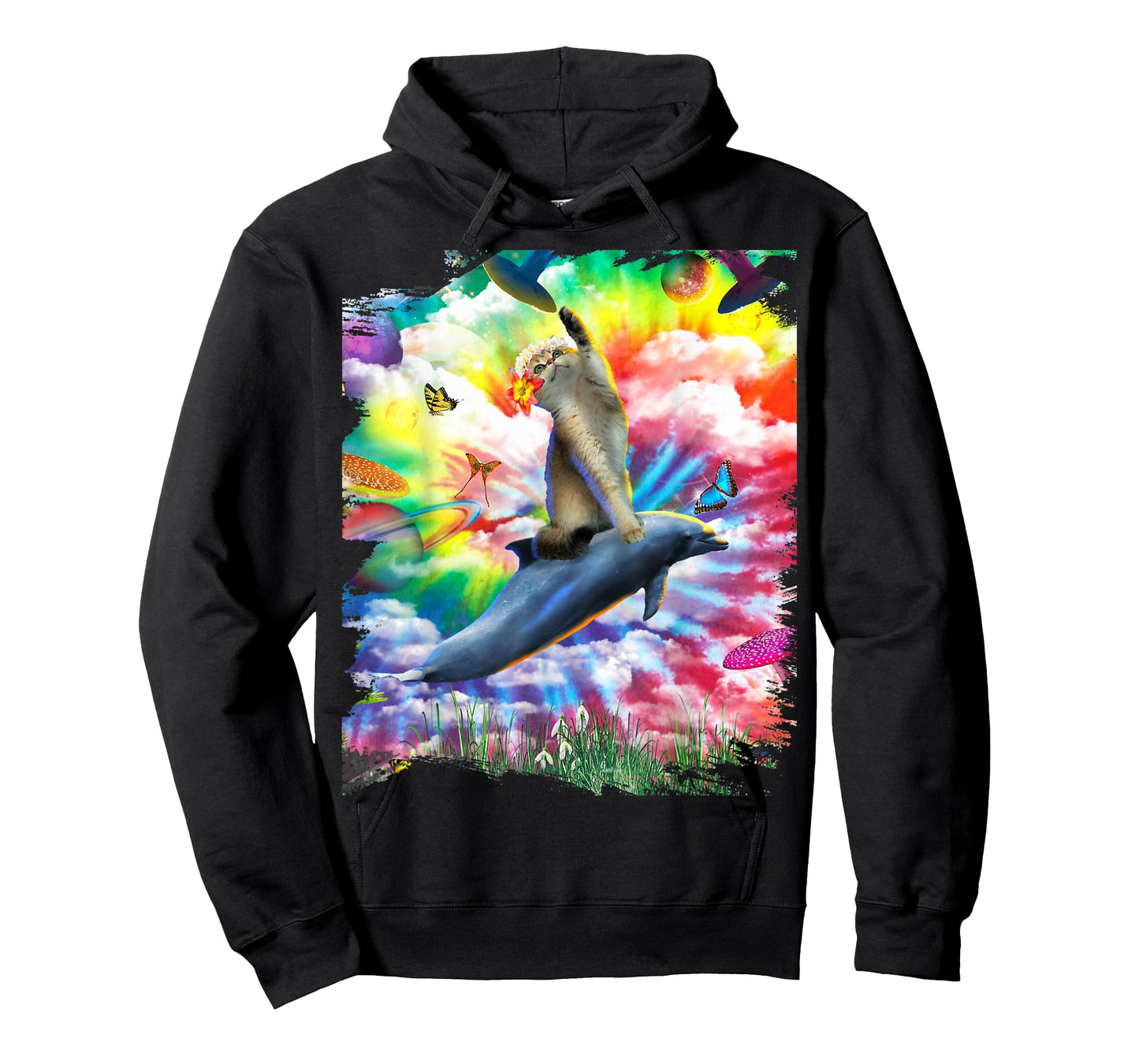 Cat Riding Dolphin Trippy Tie Dye T-Shirt