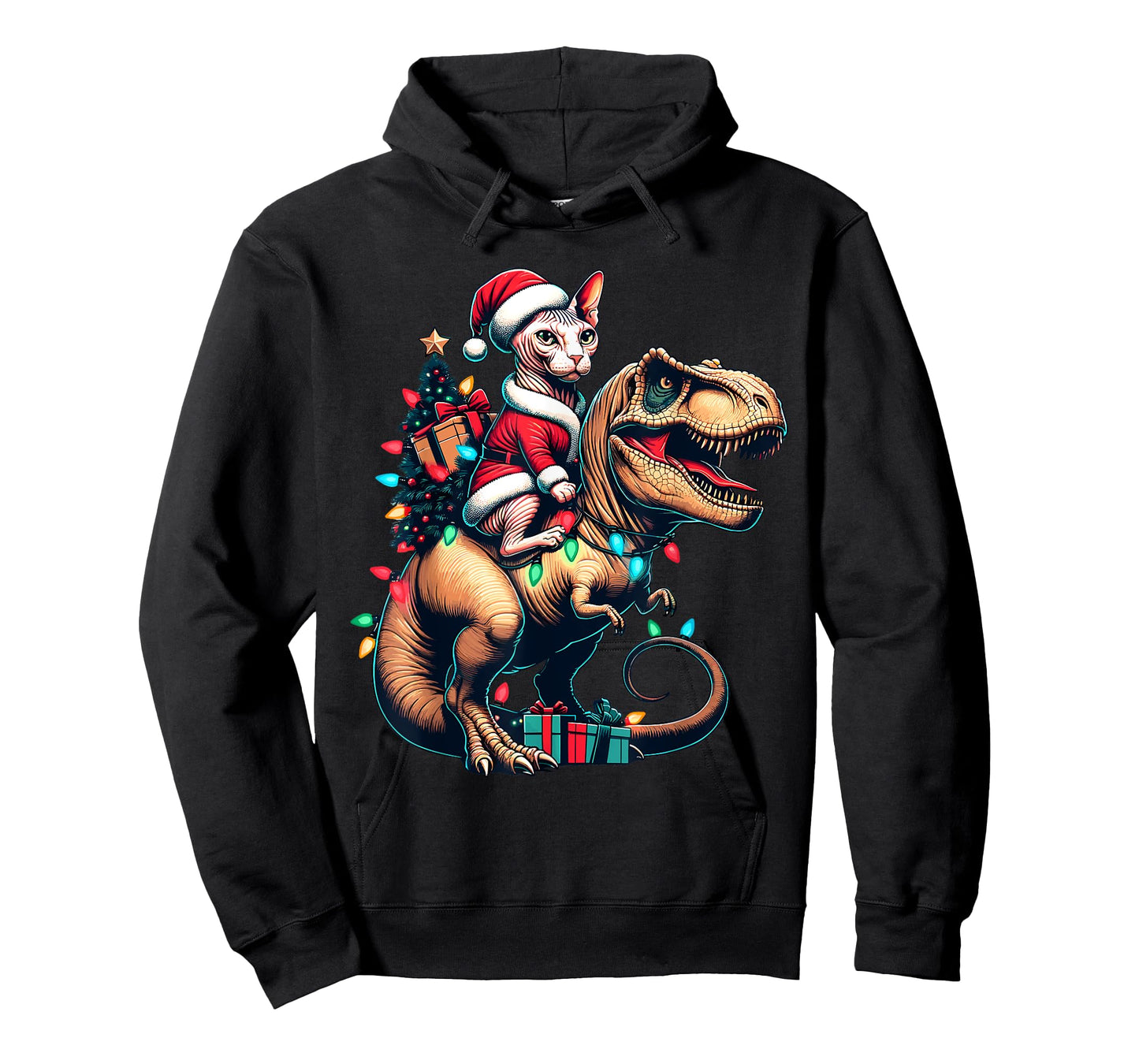 Funny Sphynx Cat Rides Santa T-Rex Vintage Christmas Sphynx T-Shirt for Men Women Kids