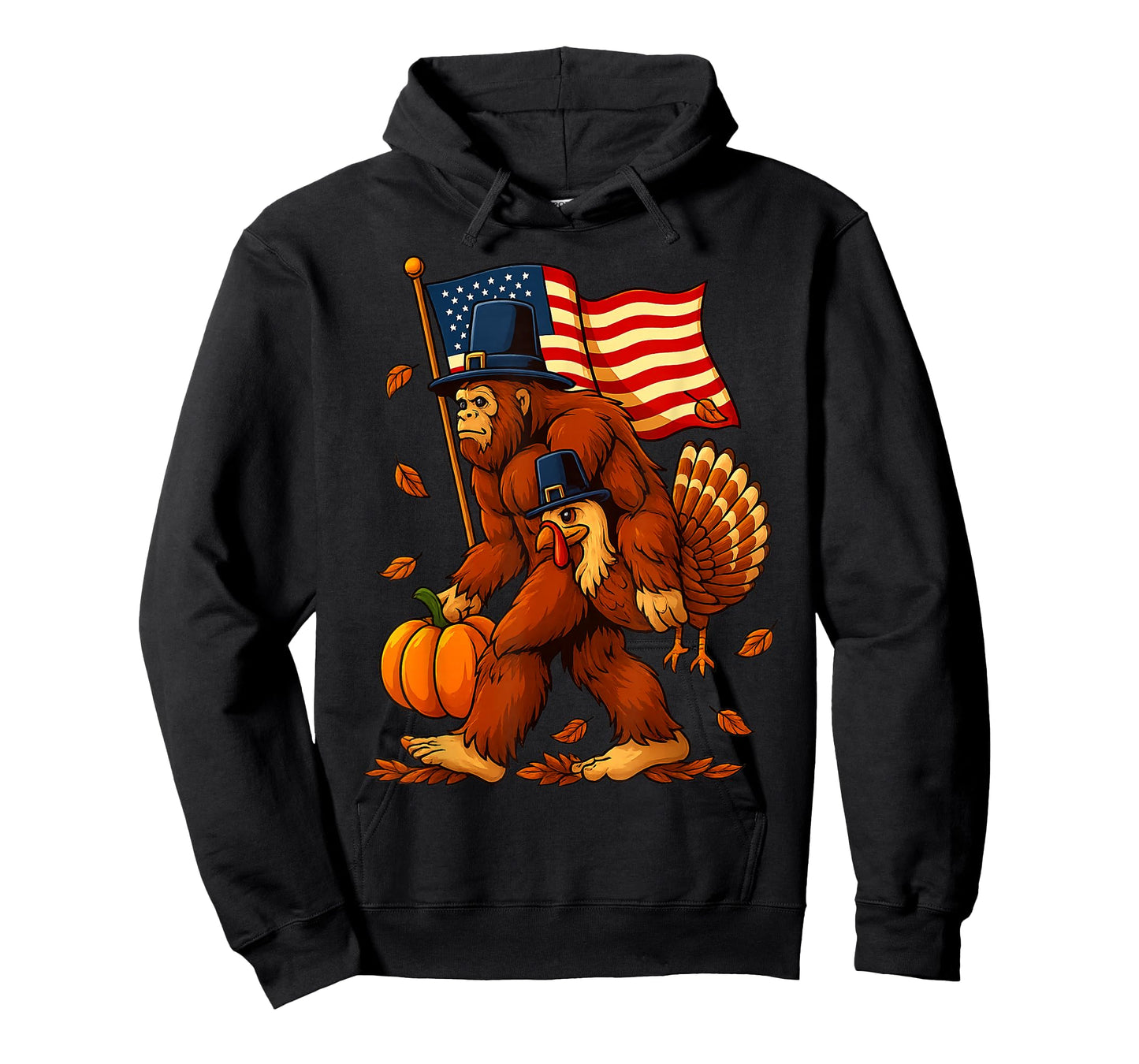 Funny Bigfoot Turkey Thanksgiving American Flag Pumpkin Fall T-Shirt