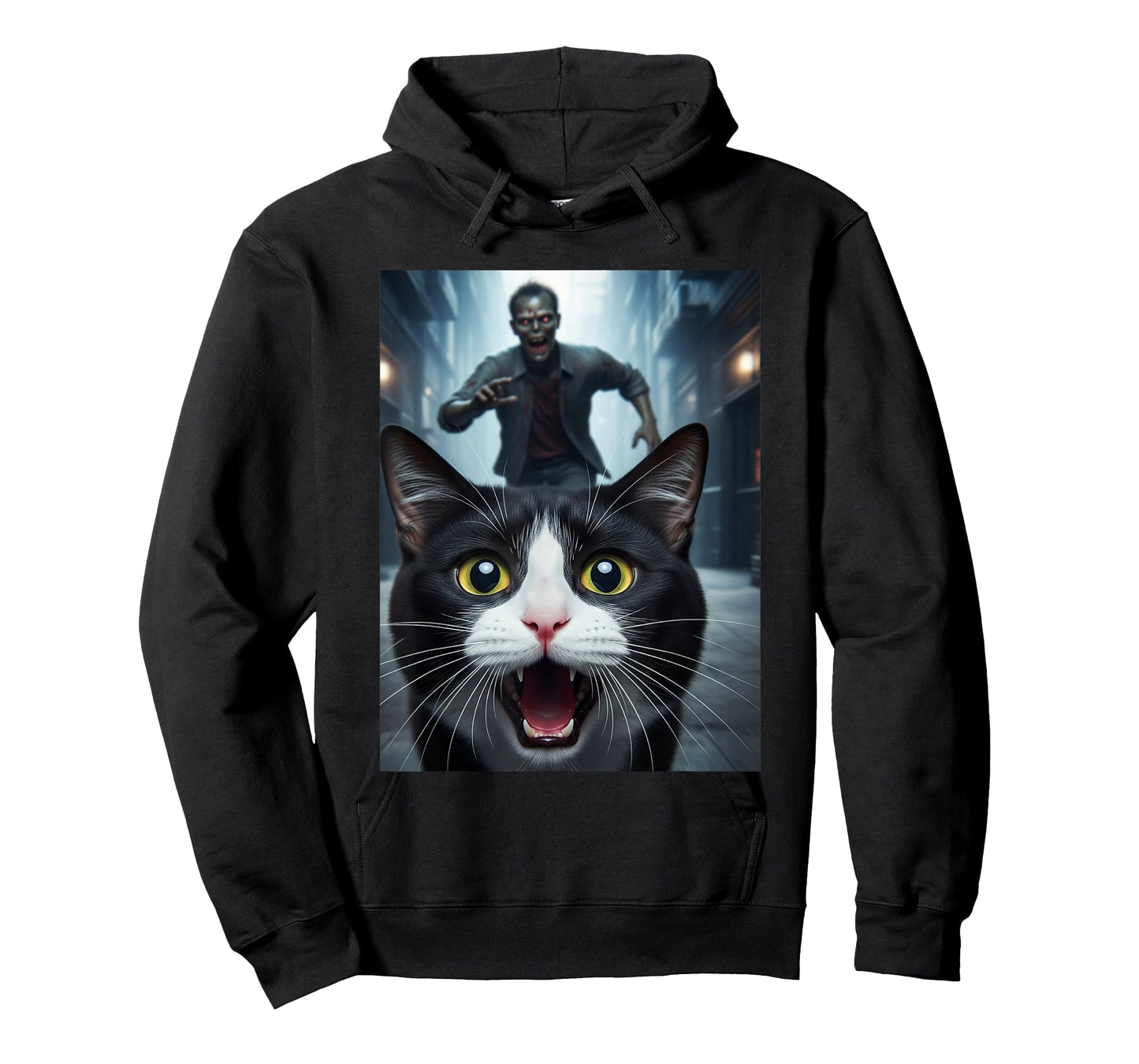 Tuxedo Cat Selfie with Zombie Funny Pet Owner Graphic T-Shirt