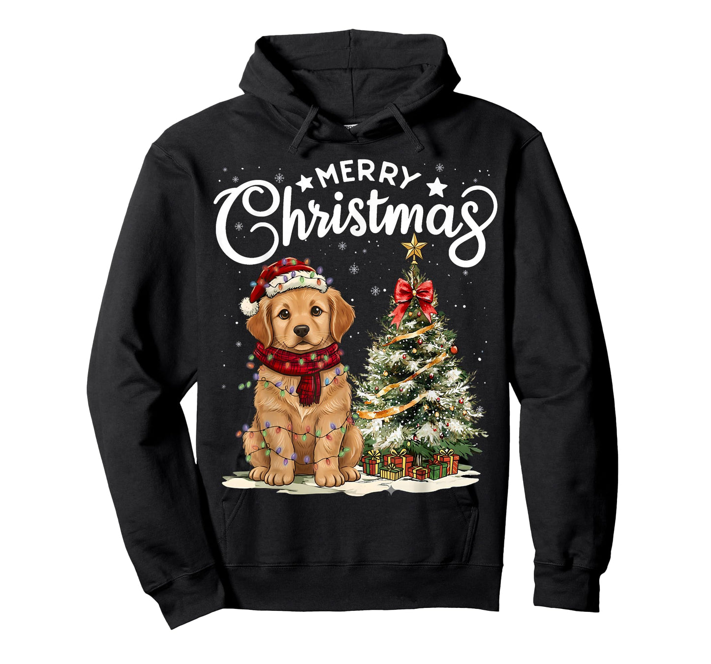 Golden Retriever Merry Christmas Dog Santa Hat Tree Lights T-Shirt