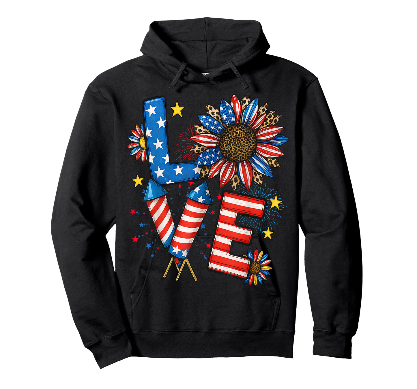 Patriotic LOVE 4th Of July American Flag Floral Fireworks T-Shirt