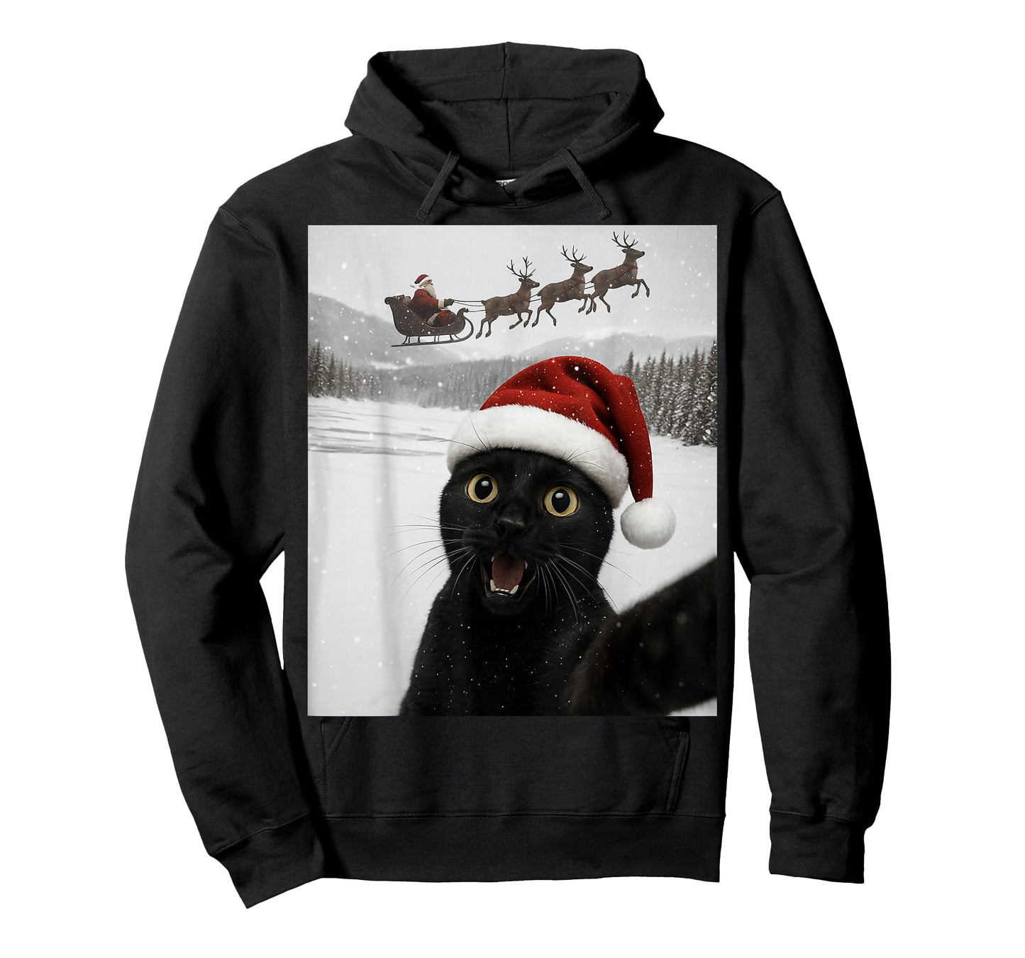 Cat Selfie with Santa Funny Black Cat Christmas Mens Womens T-Shirt