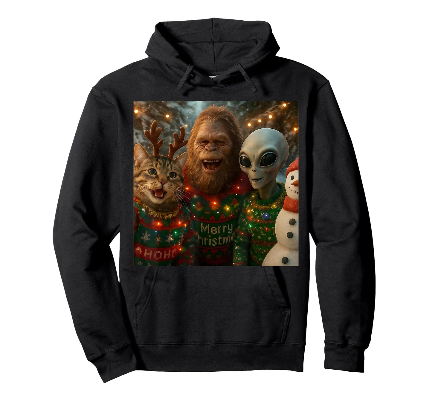 Funny Christmas Cat Selfie with Bigfoot Alien Ugly Sweater T-Shirt
