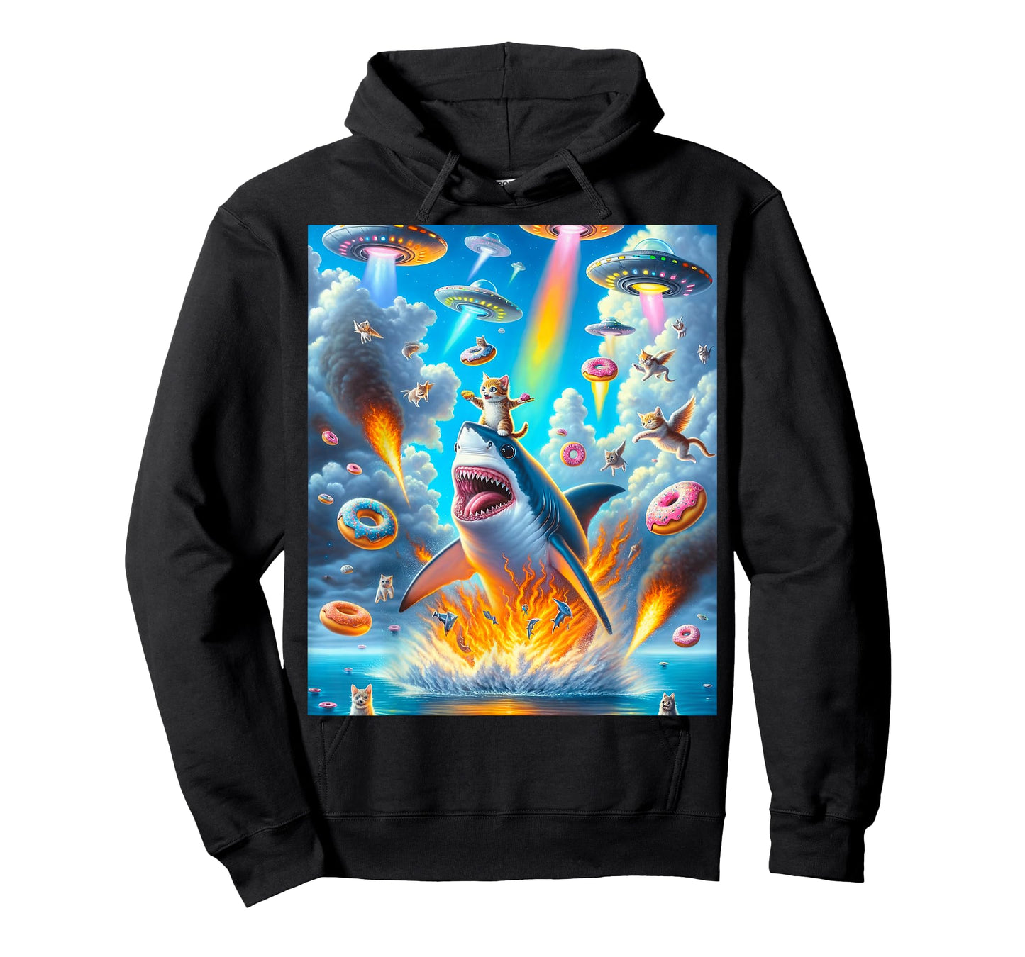 Cat Kitty Riding Fire Breathing Shark Rainbow Laser Taco T-Shirt