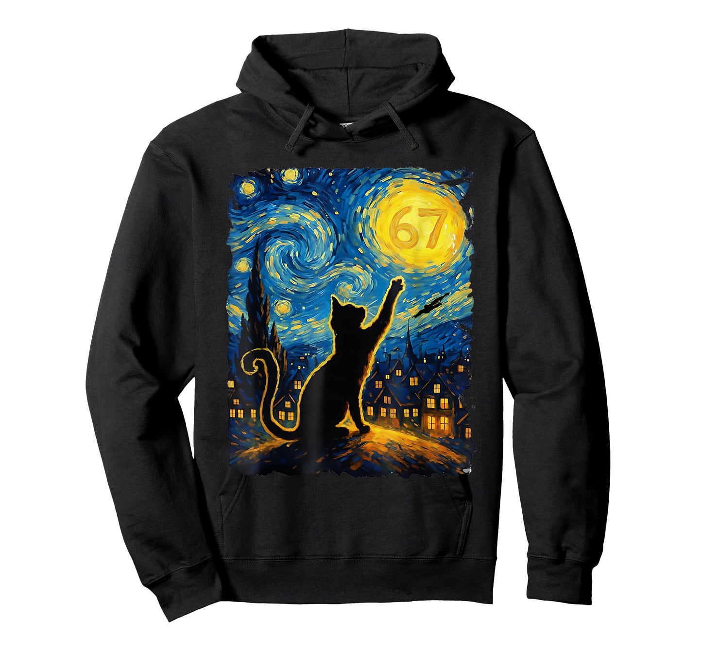 Funny Six Seven 6 7 Meme Starry Night Van Gogh Black Cat T-Shirt