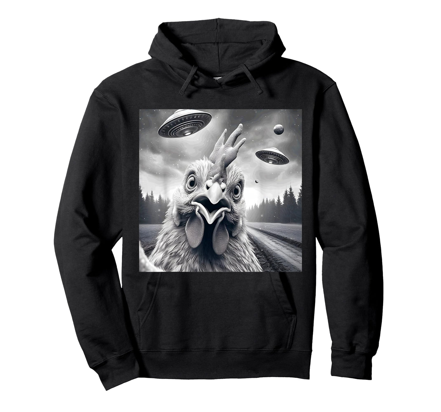 Chicken Rooster Funny Graphic Selfie with UFOs Weird Aliens T-Shirt