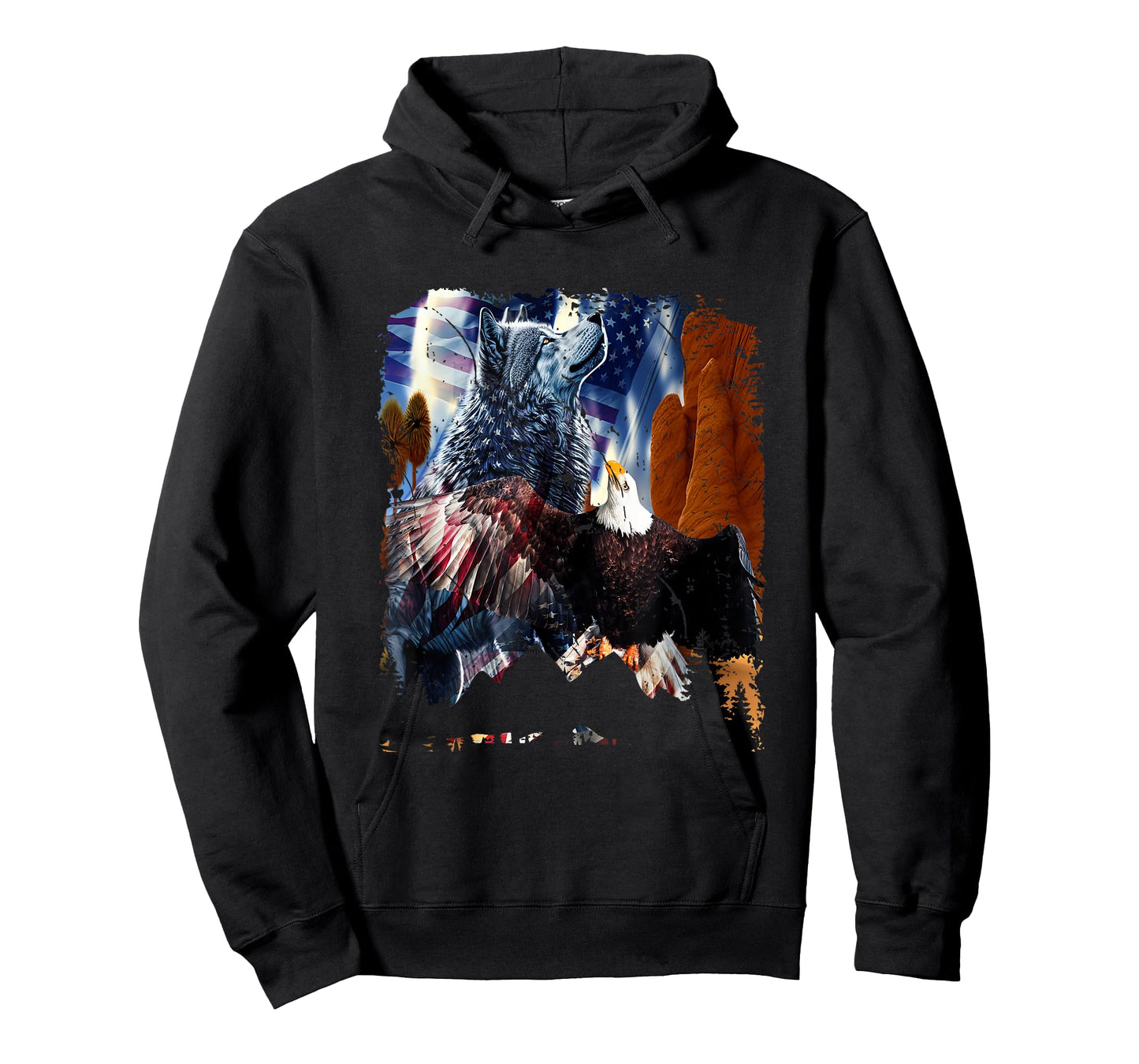 Wolf With Bald Eagles American Flag Patriotic Independence Women Men T-Shirt